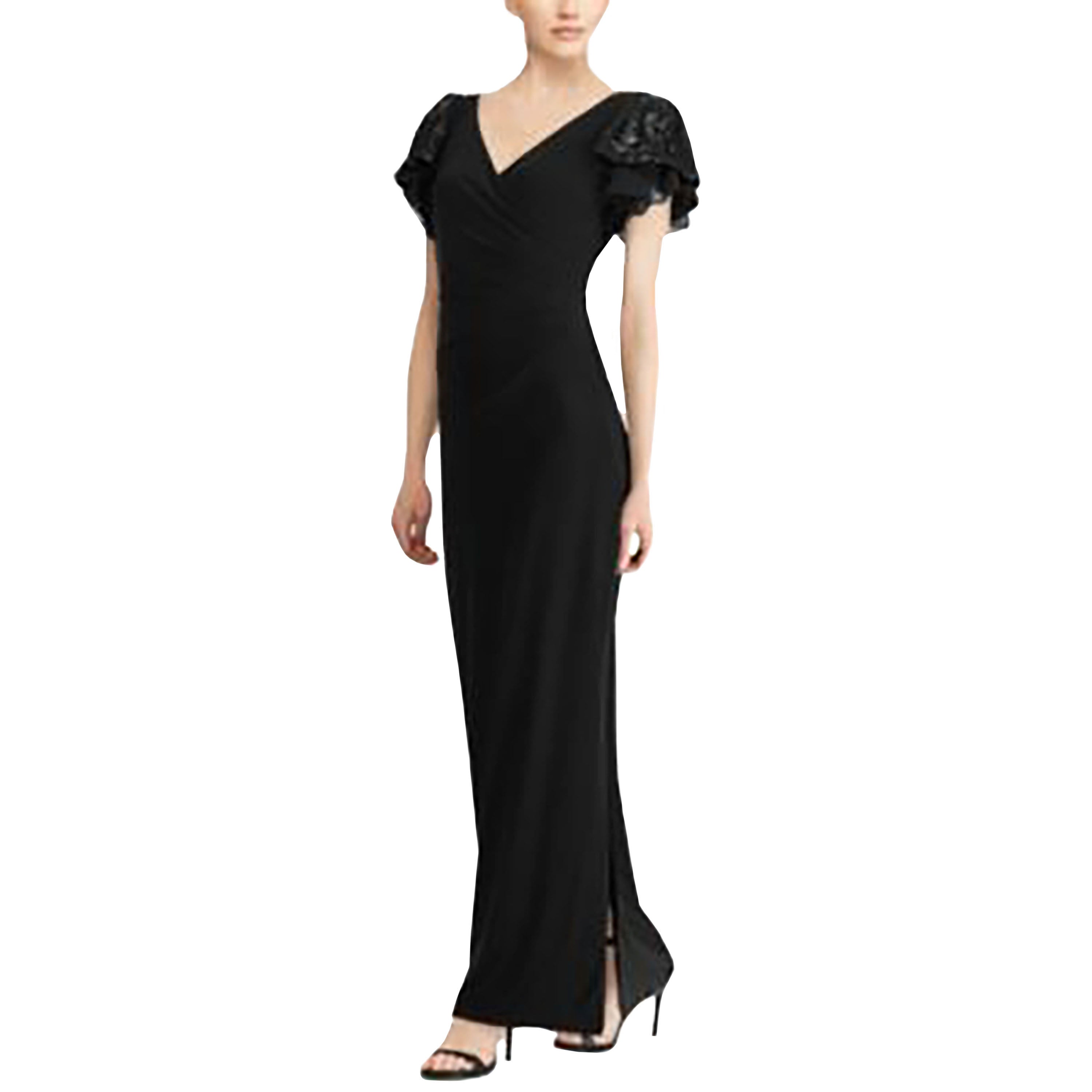Lauren Ralph Lauren Womens Wanda Faux Wrap Sequined Evening Dress Black 6