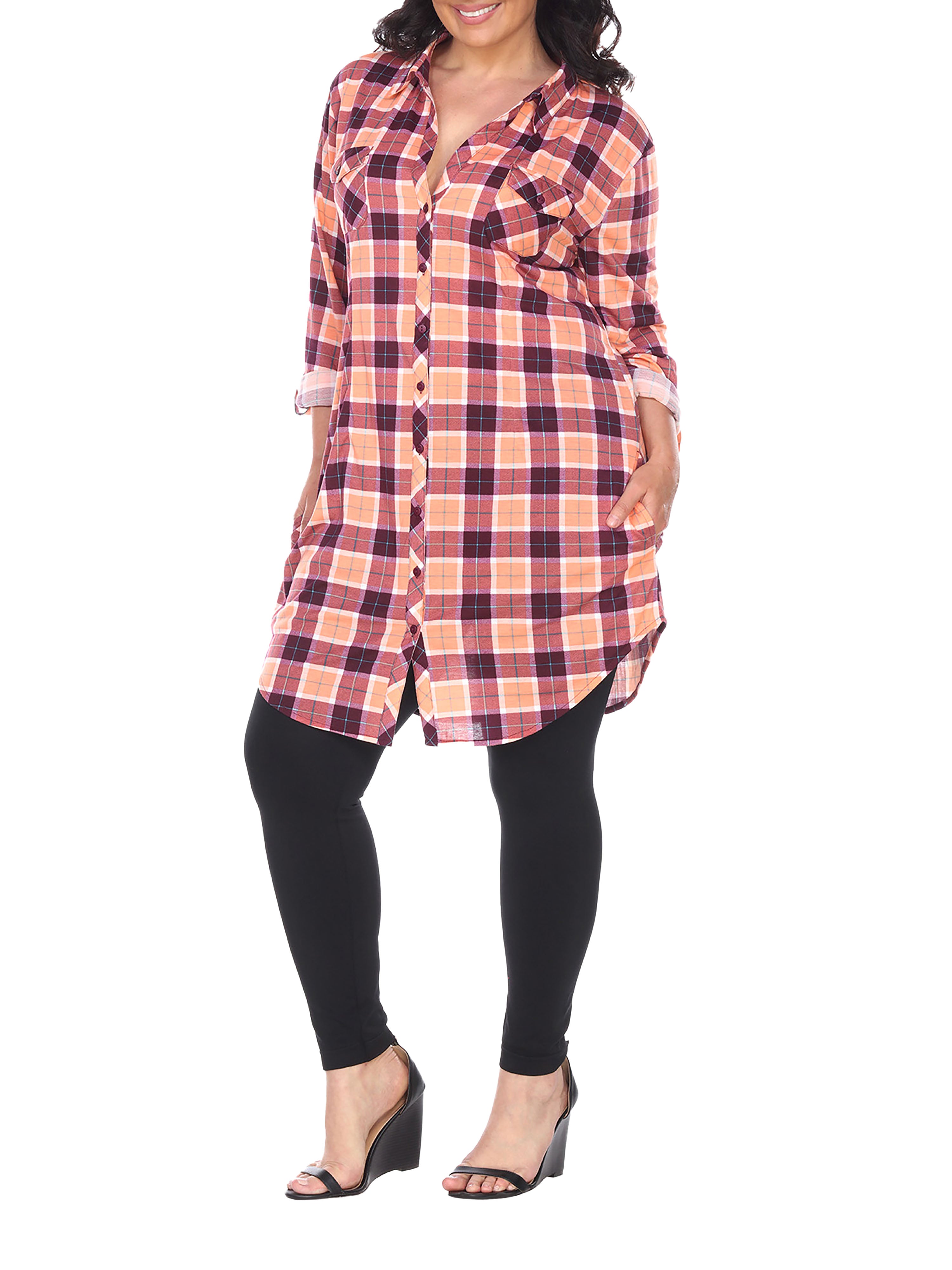 White Mark Women's Plus Size Plaid Tunic Top Orange/Purple 2X