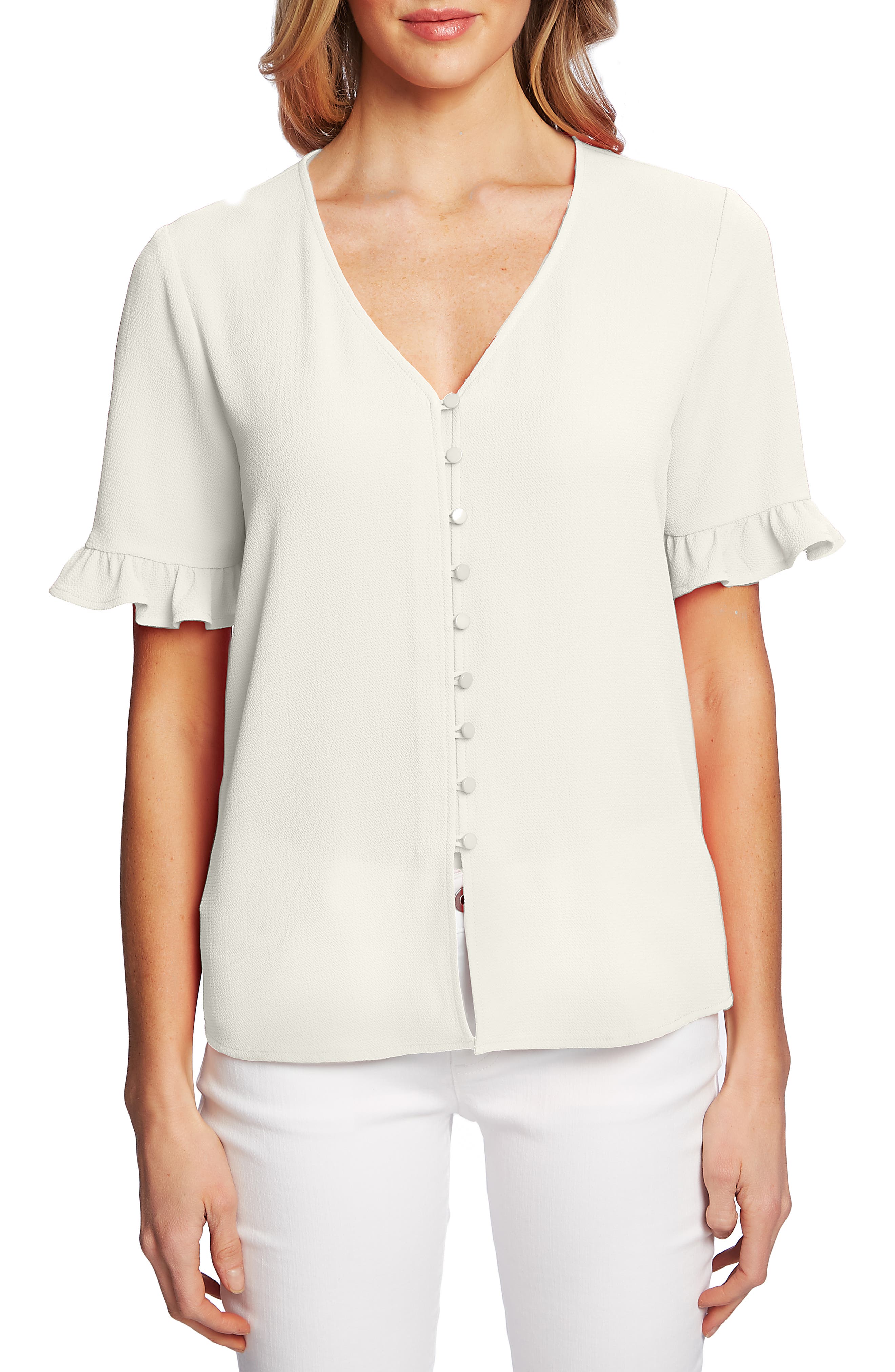 CeCe Womens V-Neck Ruffled Button-Down Top