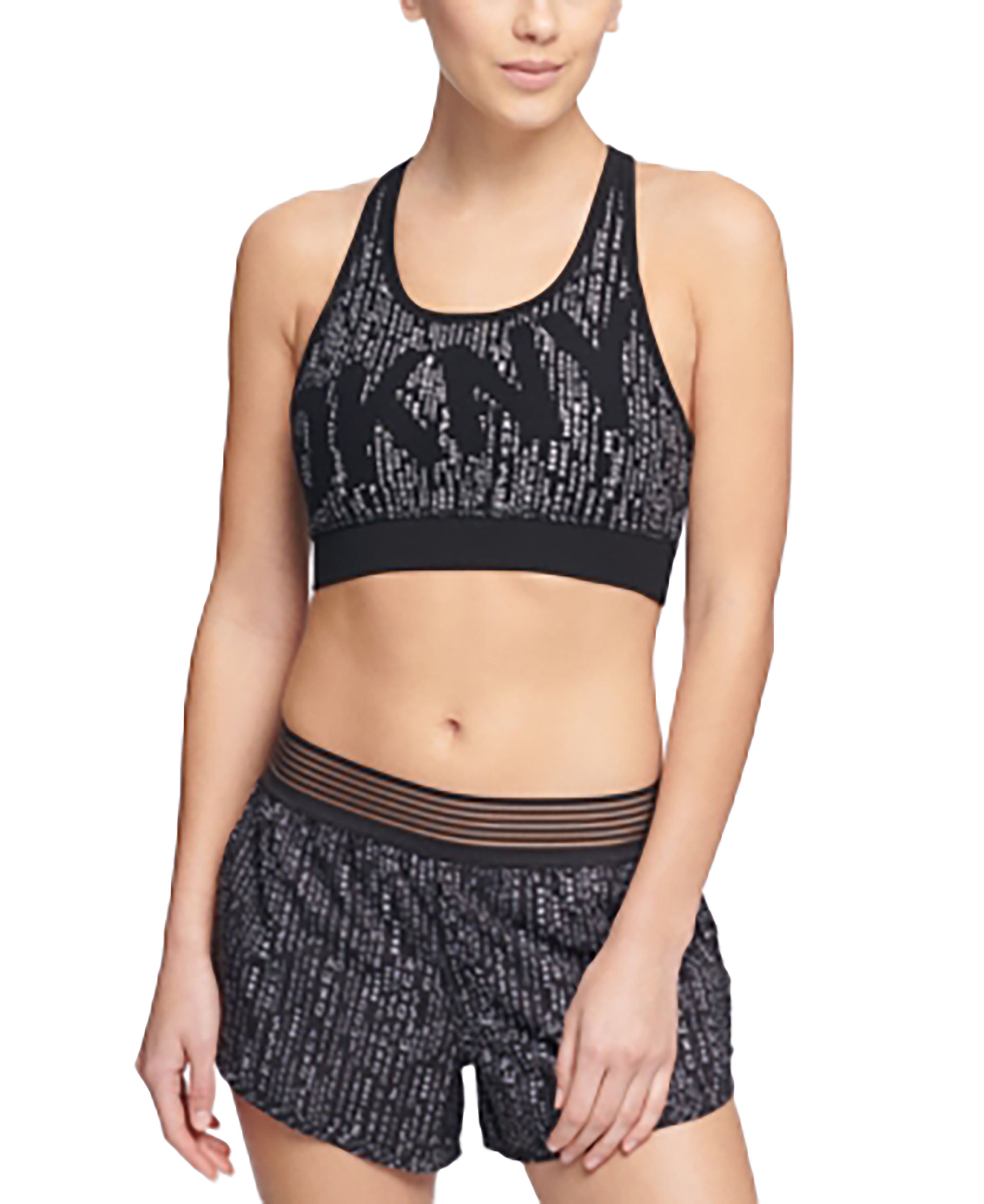 DKNY Womens Graphic Crossover Sports Bra Black/White Combo L
