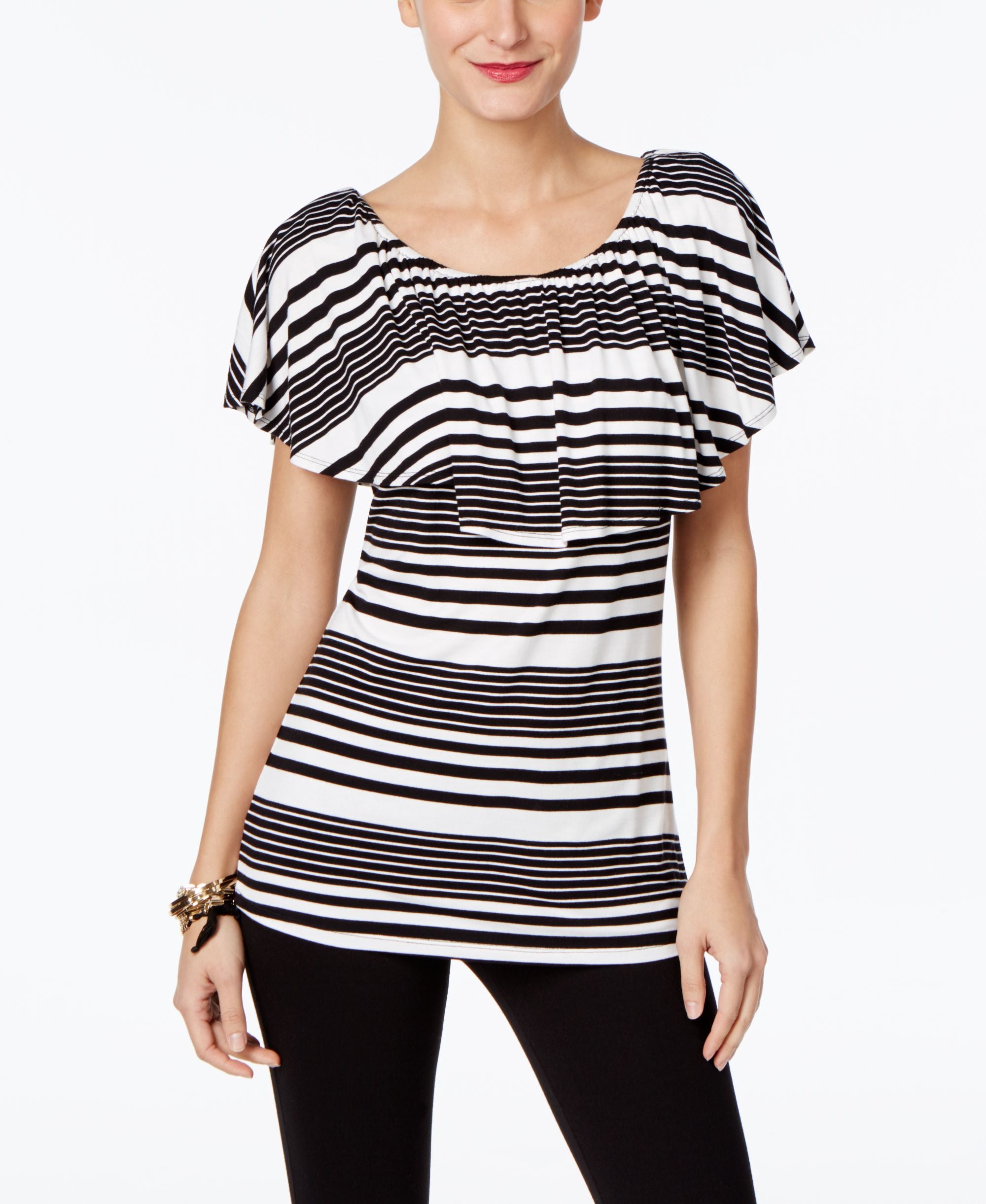 INC International Concepts Petite Striped Flounce Top
