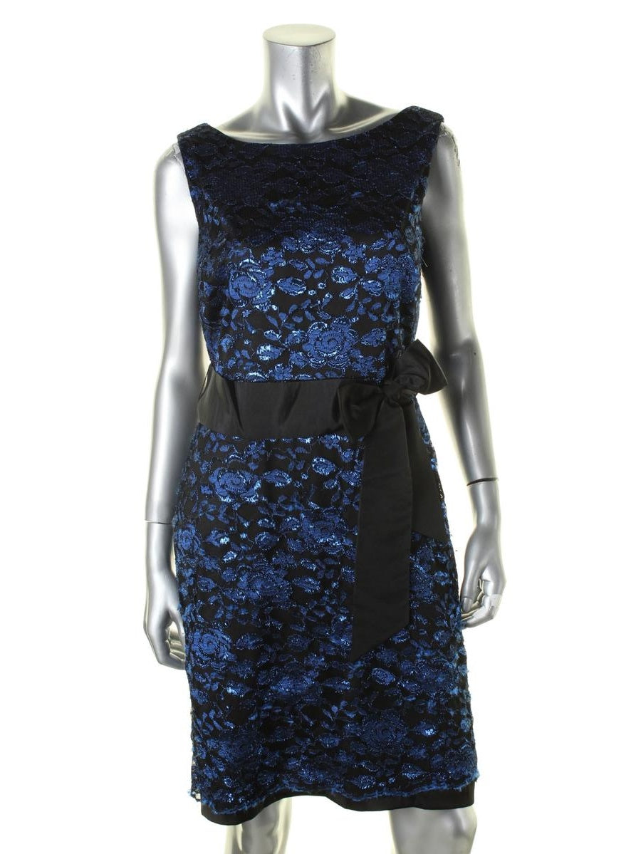 Sangria Women's Metallic Lace Sheath with Bow Belt, Black/Tanzanite, 4
