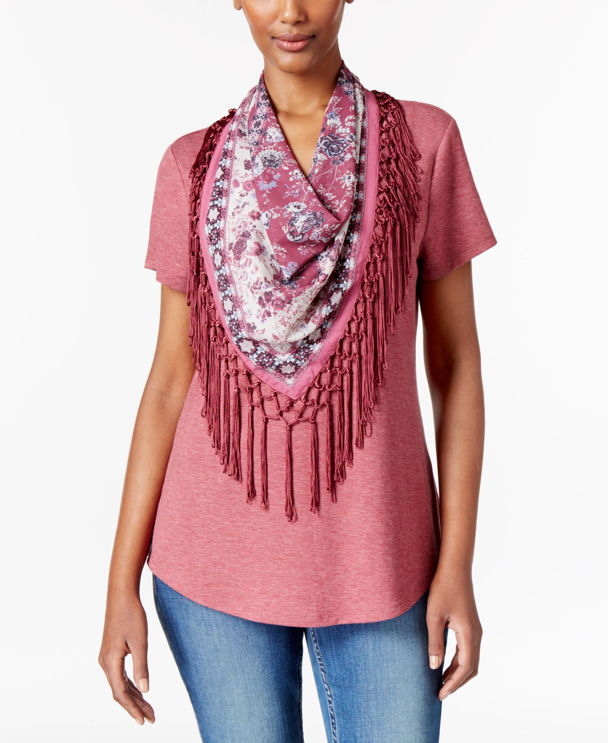 Style & Co Petite T-Shirt With Printed Fringe Scarf