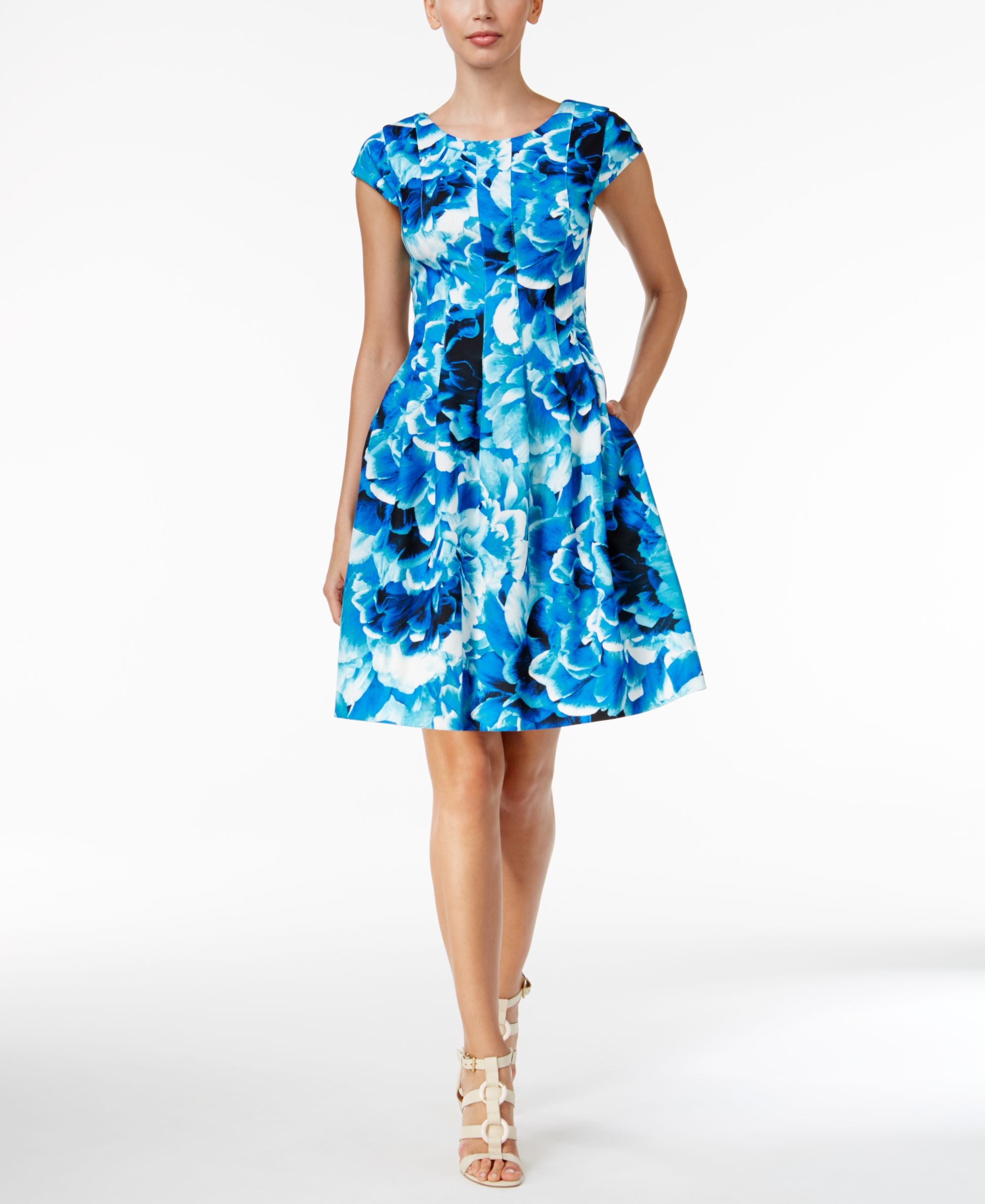 Calvin Klein Floral-print Fit & Flare Dress Atlantis Multi 12