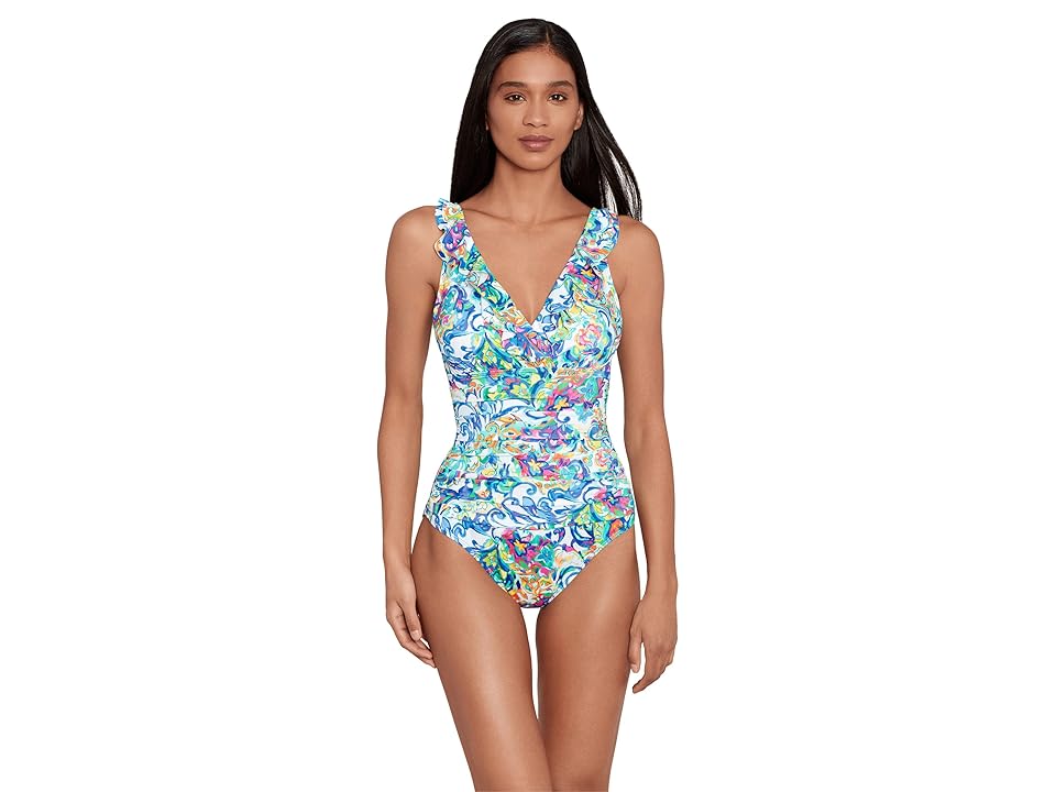 Women's Printed Ruffle Surplice Underwire One-Piece Swimsuit