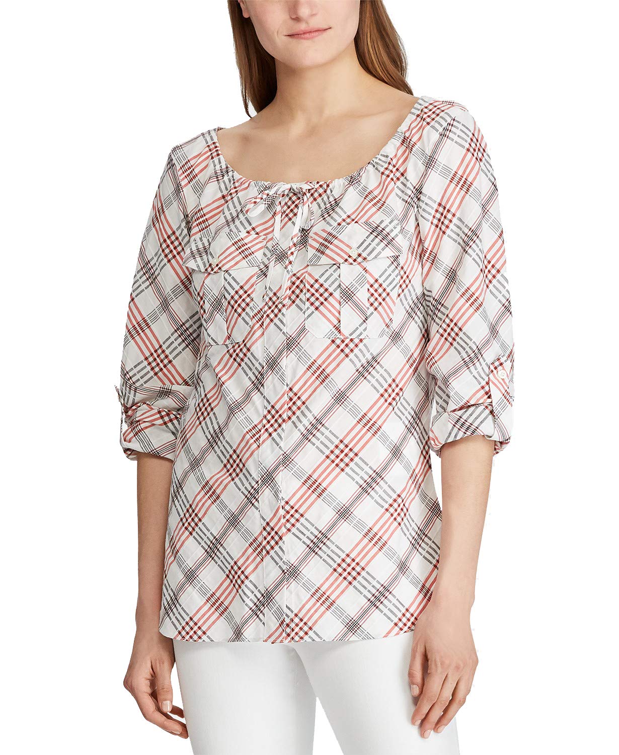 Ralph Lauren Womens Plaid Tie Neck Button-Down Top