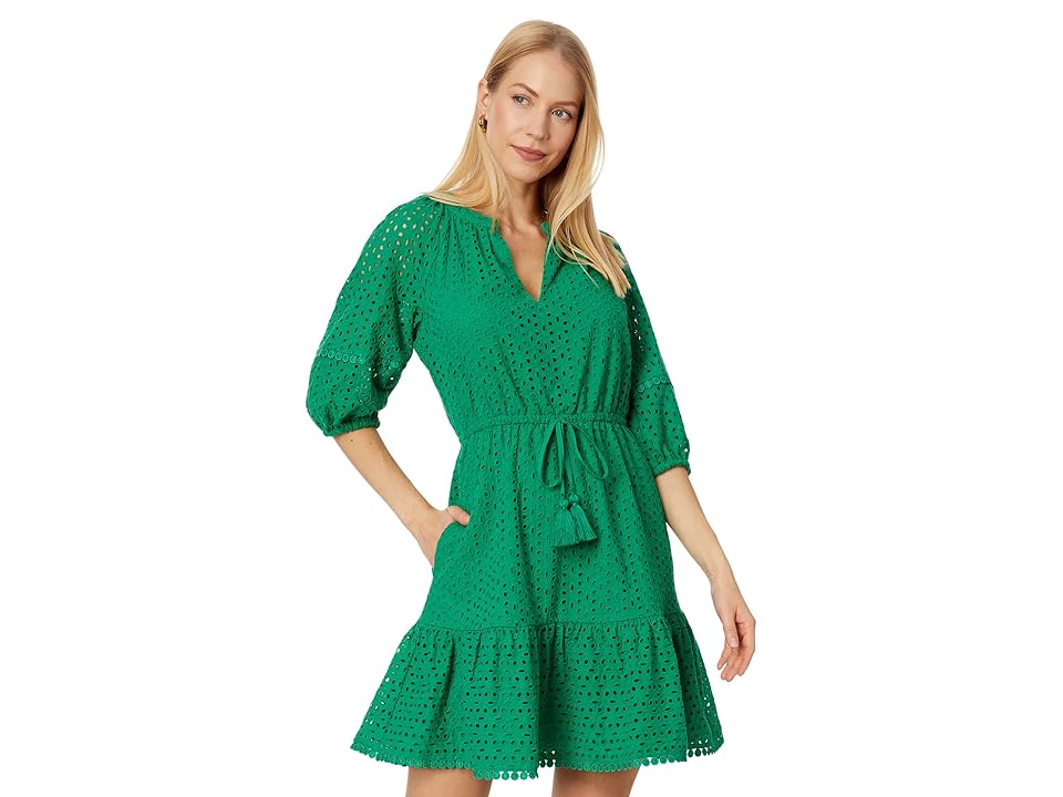 Women's Eyelet Balloon-Sleeve Tasseled-Drawstring Dress