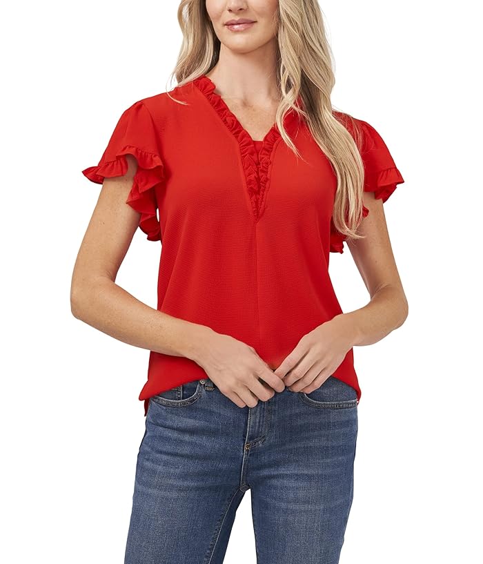 CeCe Womens V-Neck Ruffled Blouse