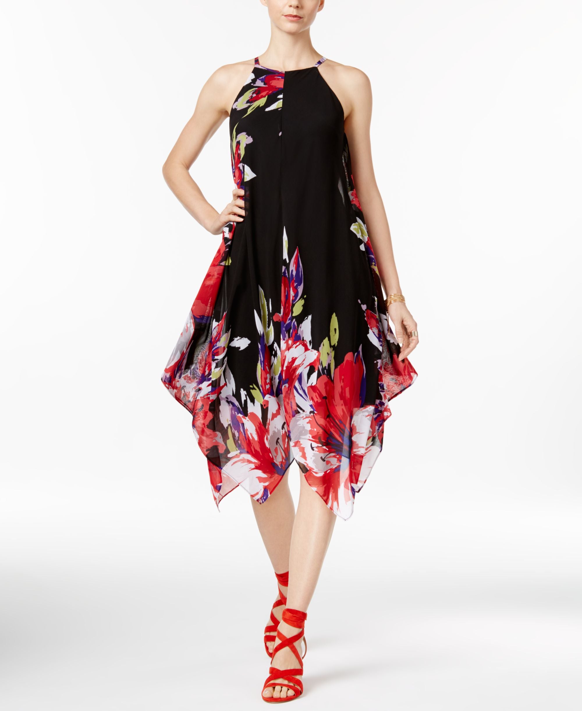 INC International Concepts Petite Floral Print Handkerchief Hem Dress