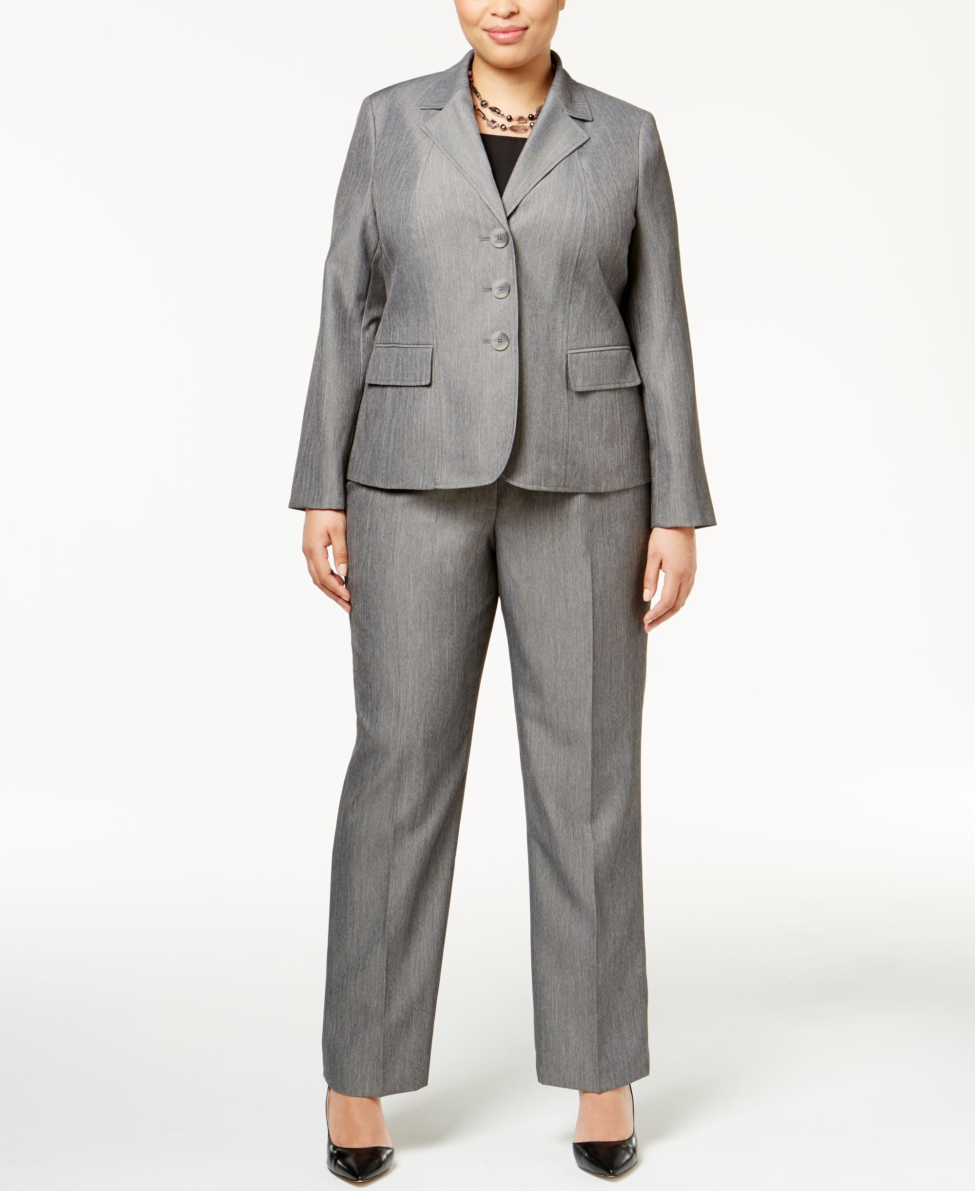 Le Suit Plus Size Melange Three Button Pantsuit
