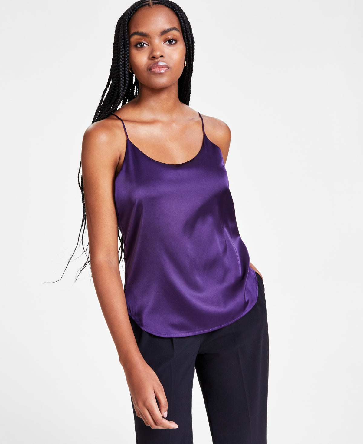 Women's Multi-Plaid Faux-Double-Breasted Jacket, Satin Spaghetti-Strap Scoop-Neck Camisole & High-Rise Pintuck Compression Pants
