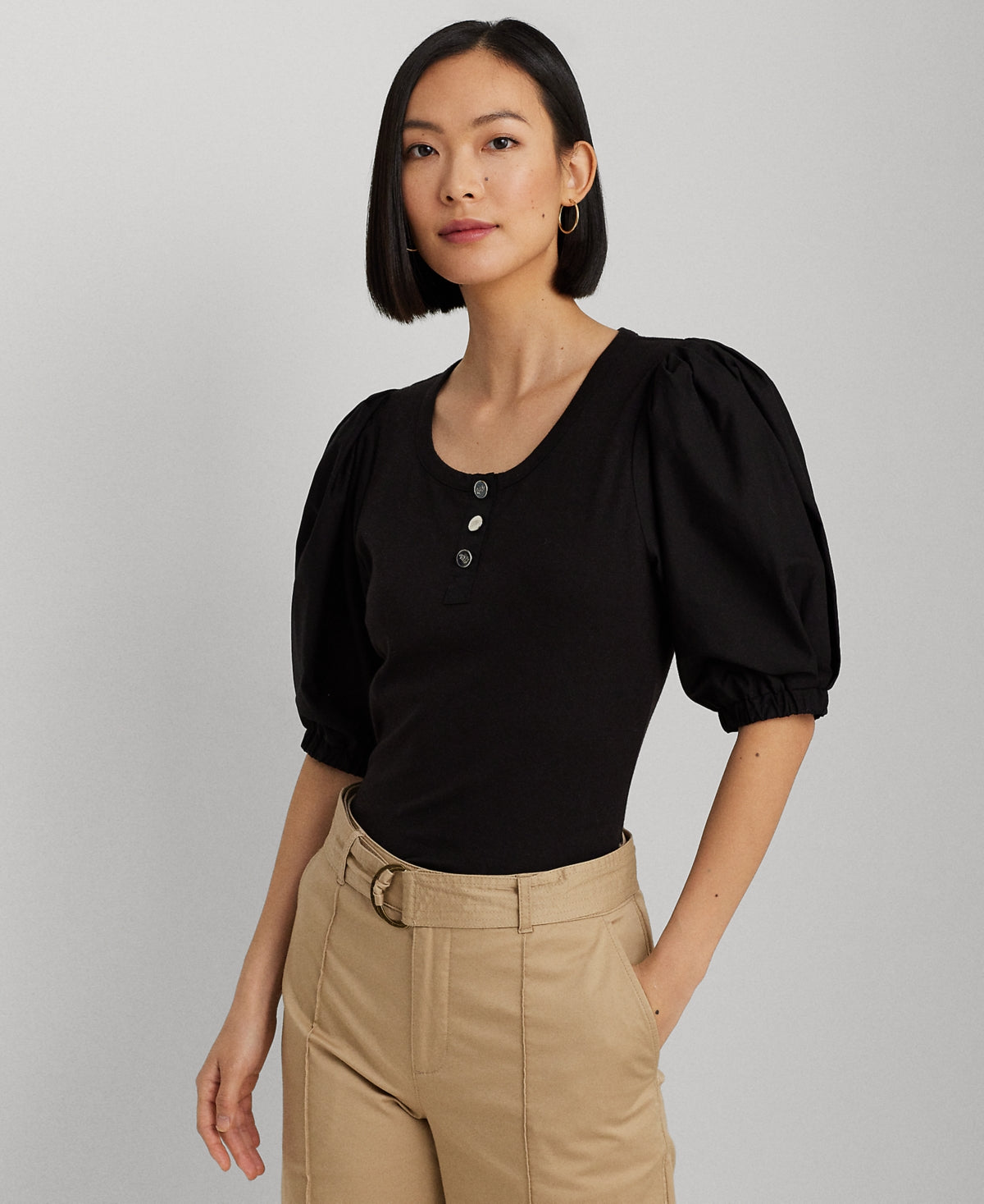 Women's Stretch Cotton Puff-Sleeve Henley Tee