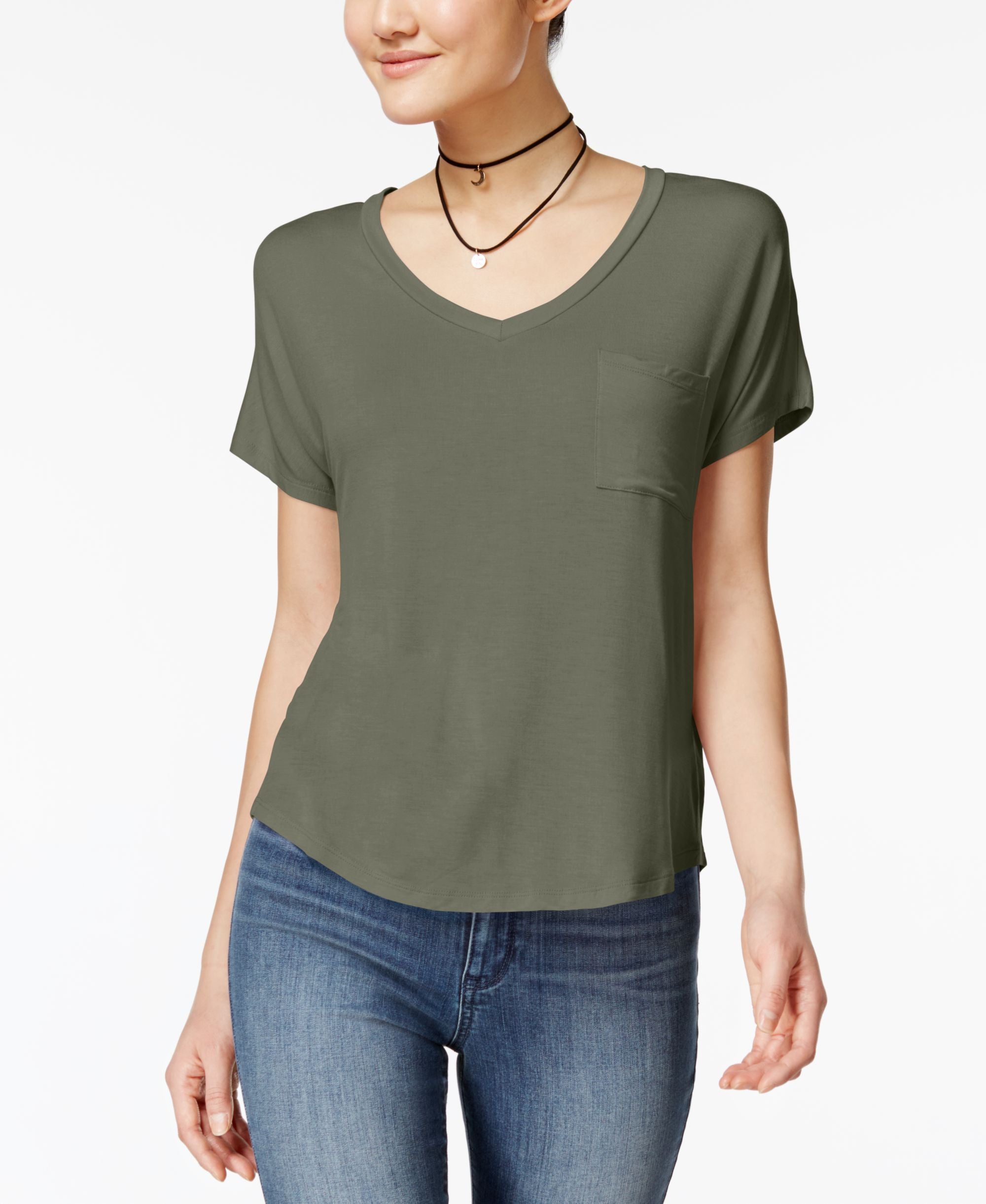 Belle Du Jour Juniors V Neck High Low T-Shirt With Necklace