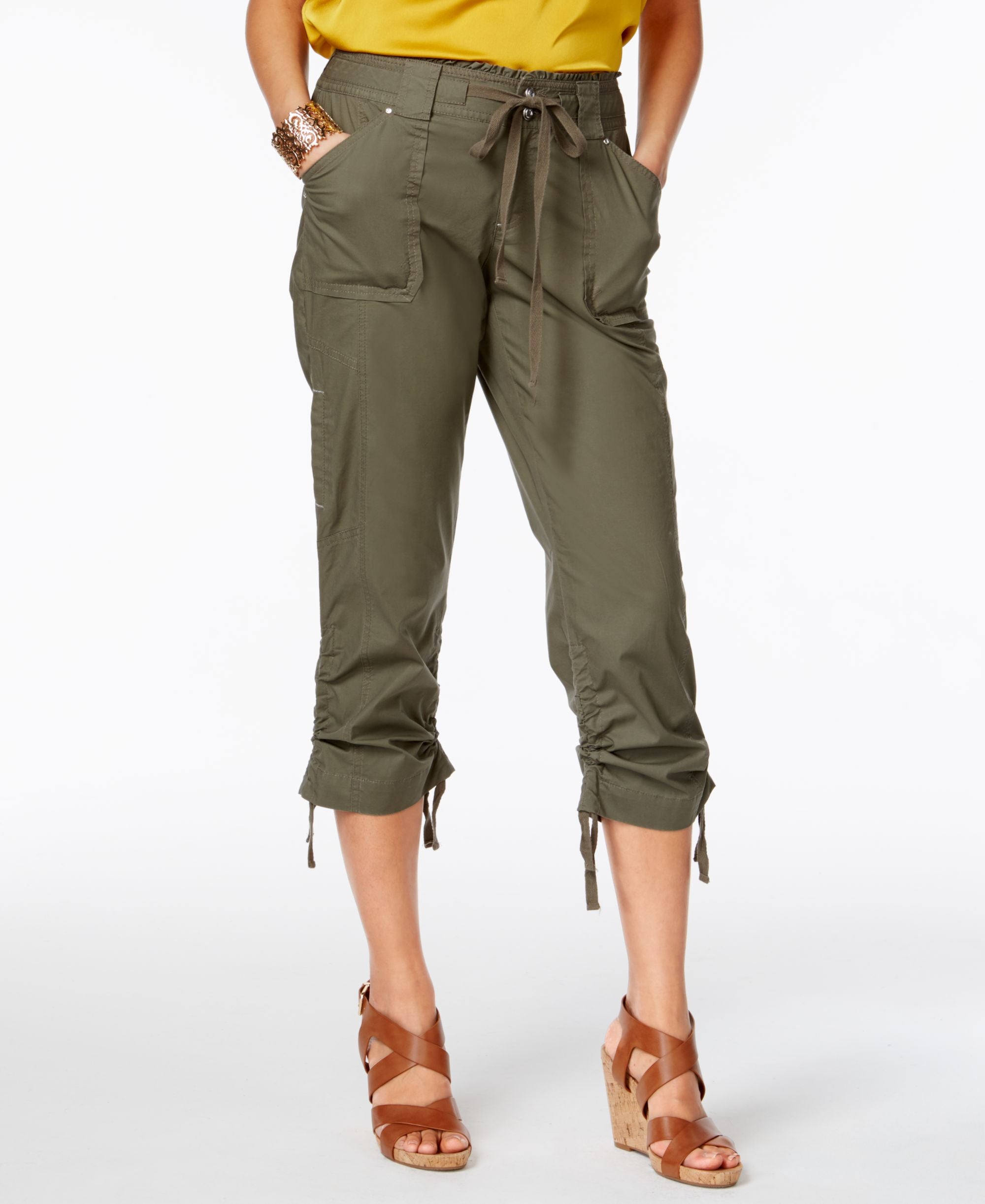 INC International Concepts Ruffled Waist Cropped Cargo Pants