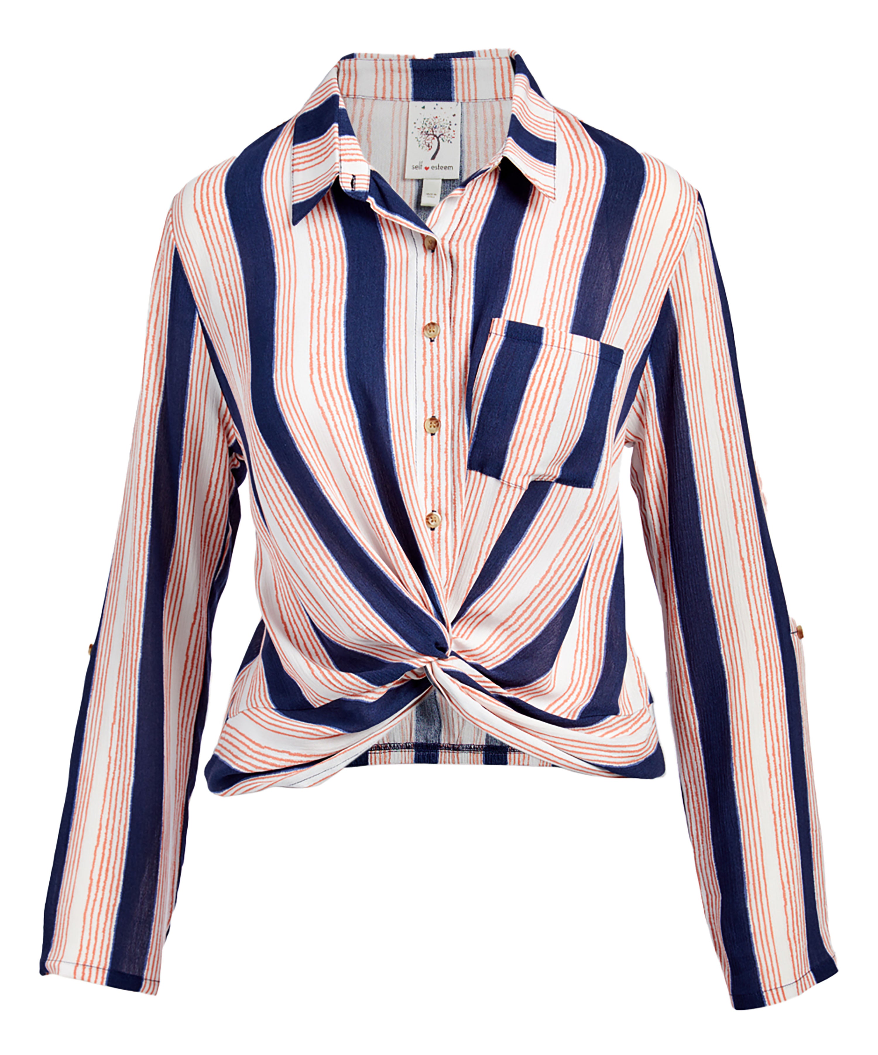 Self Esteem Women's Twist-Front Button-up Blouses Navy/Red/Ivory  M