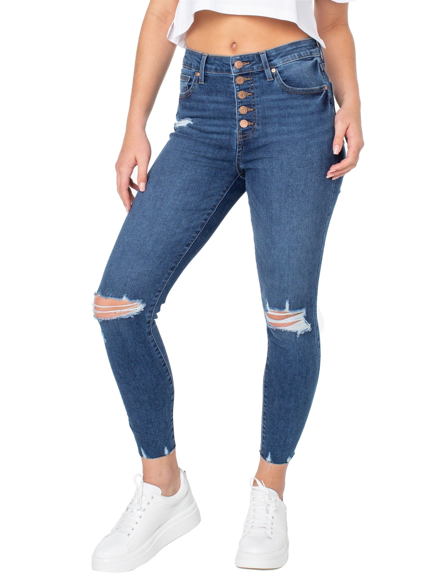 Juniors' Button-Front Curvy Skinny Ankle Jeans