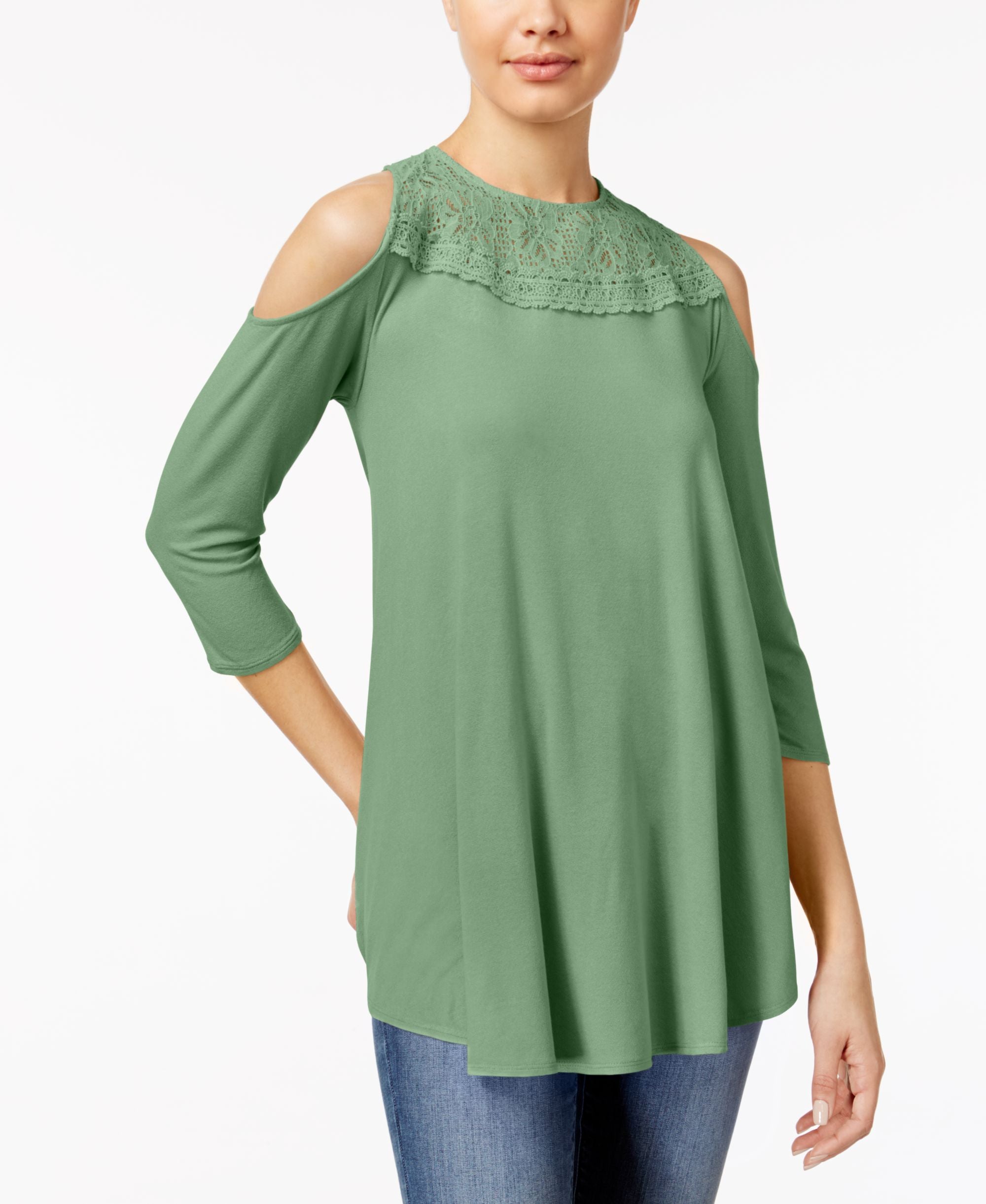 Freshman Juniors Lace Trim Cold Shoulder Swing Tunic