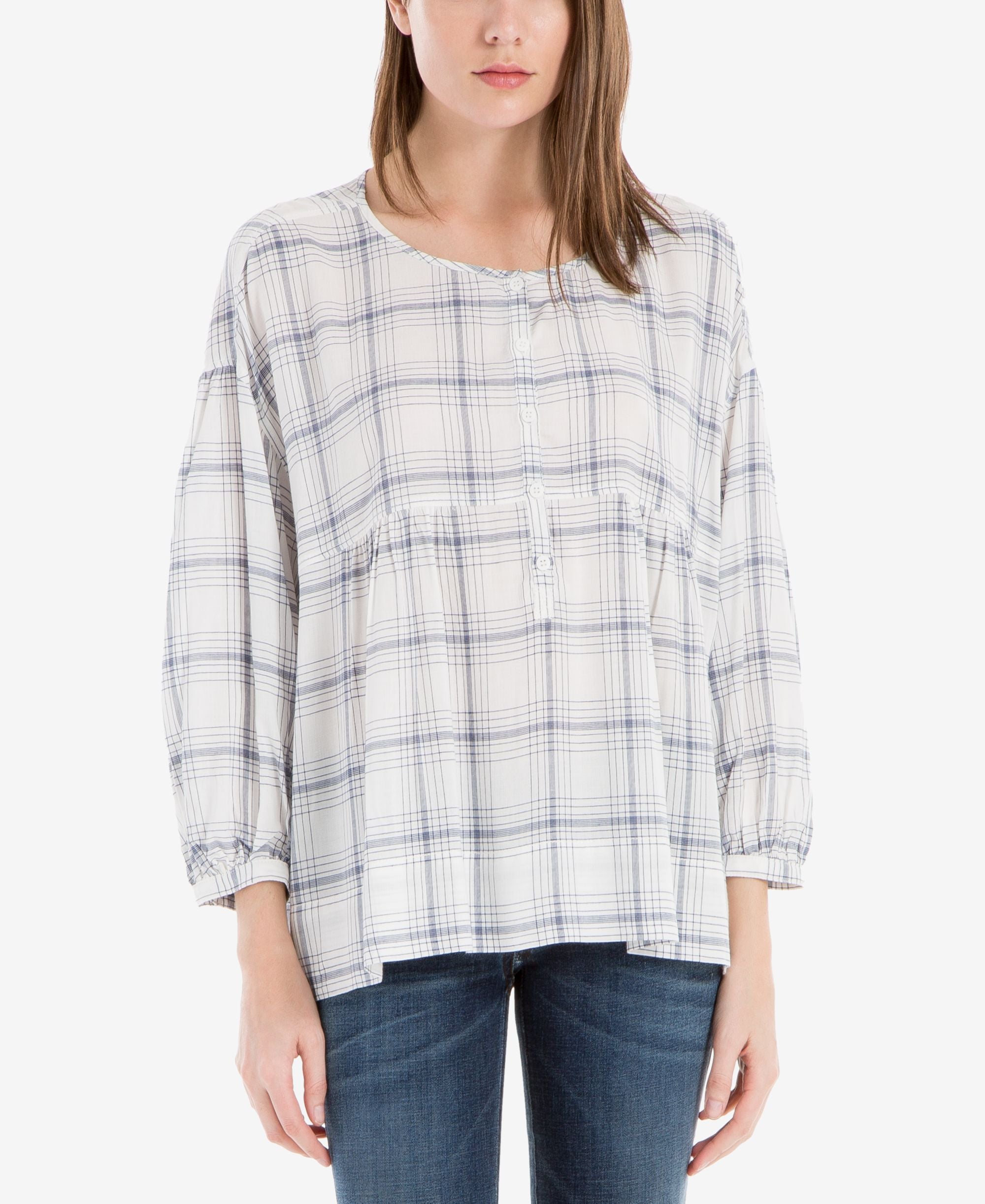 Max Studio London Cotton Windowpane Print Bishop Sleeve Top