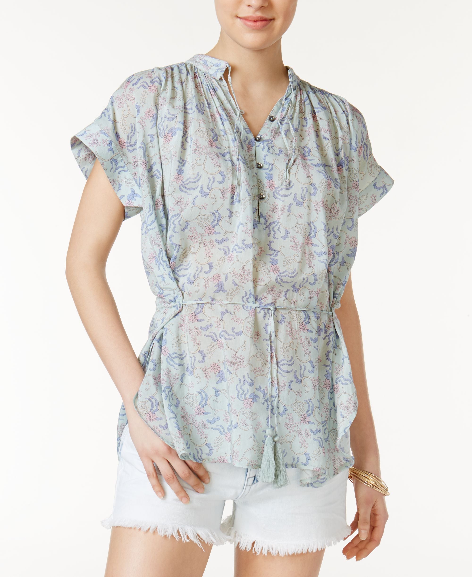 William Rast Alannah Floral Print Tasseled Top