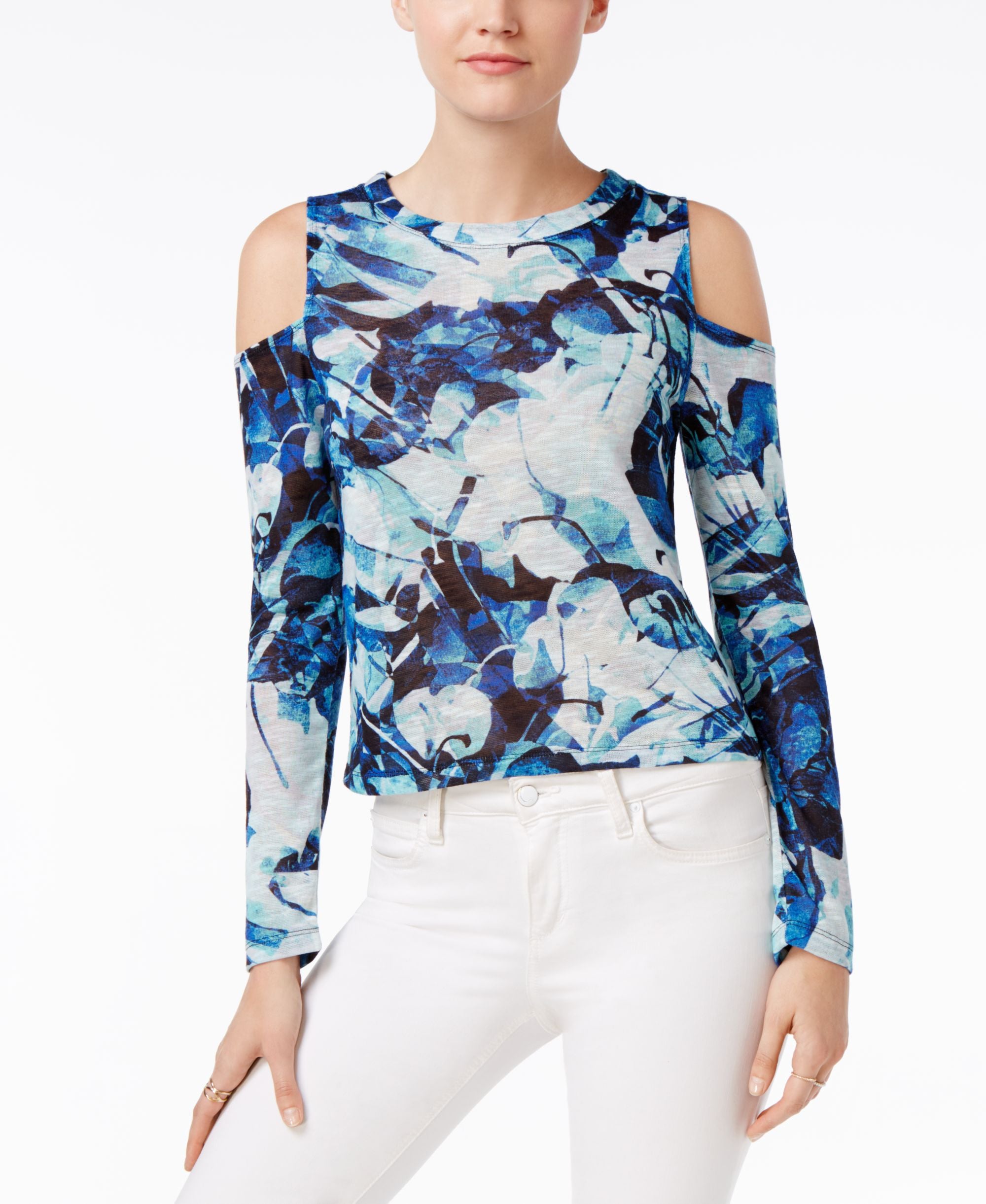 Bar III Hacci Printed Cold Shoulder Top