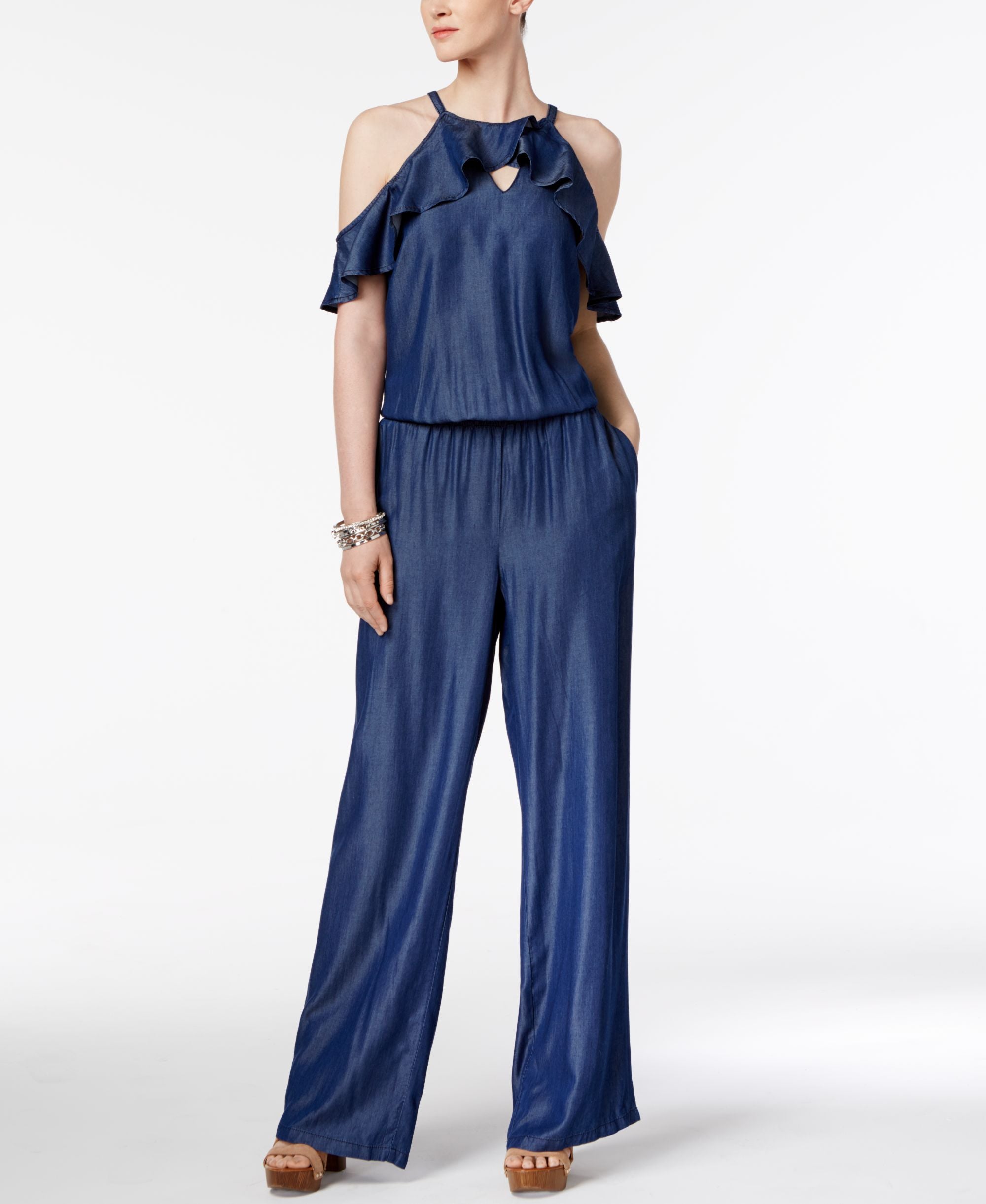 INC International Concepts Petite Ruffled Cold Shoulder Jumpsuit