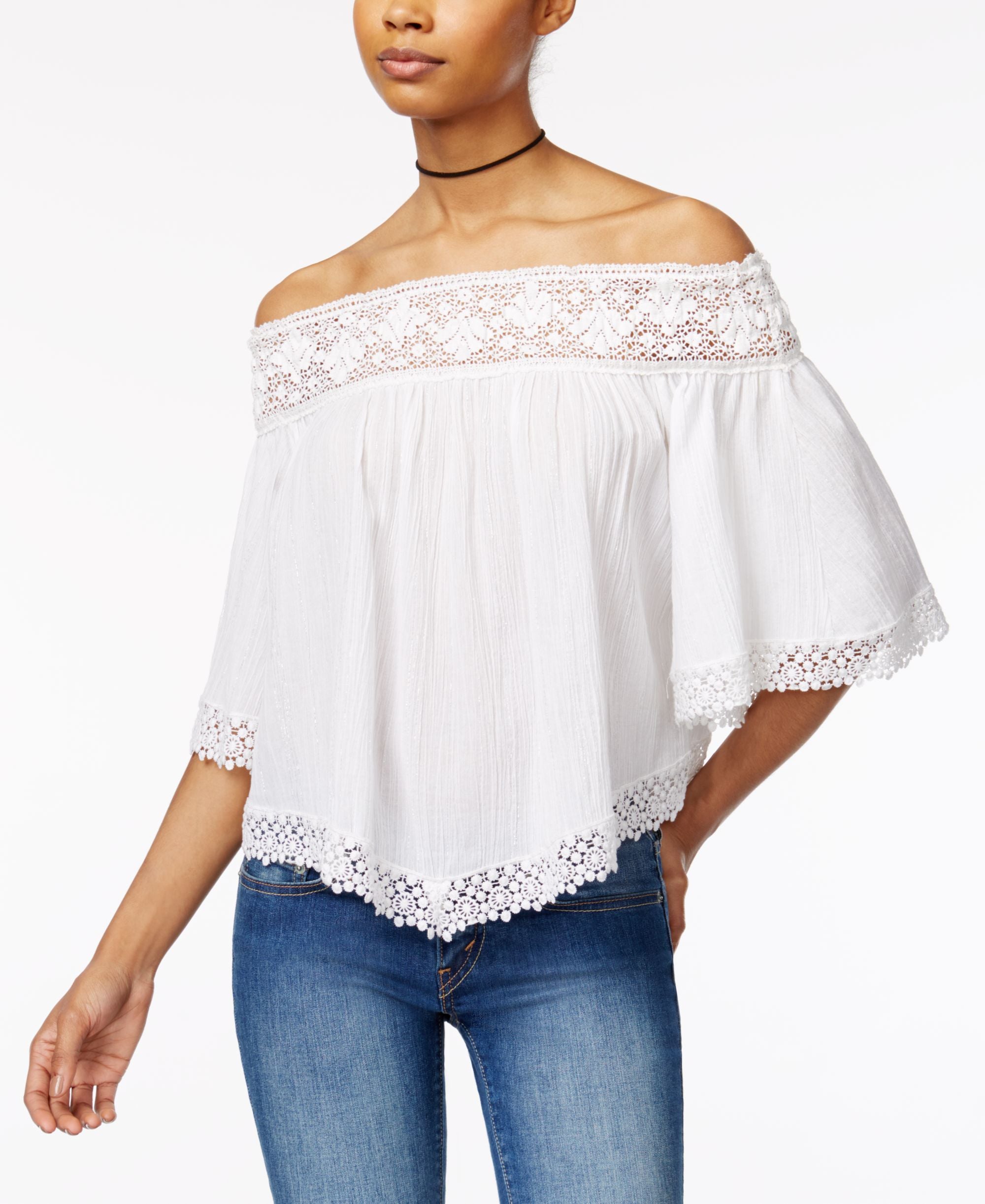 The Edit By Seventeen Juniors Lace Trim Metallic Off The Shoulder Top
