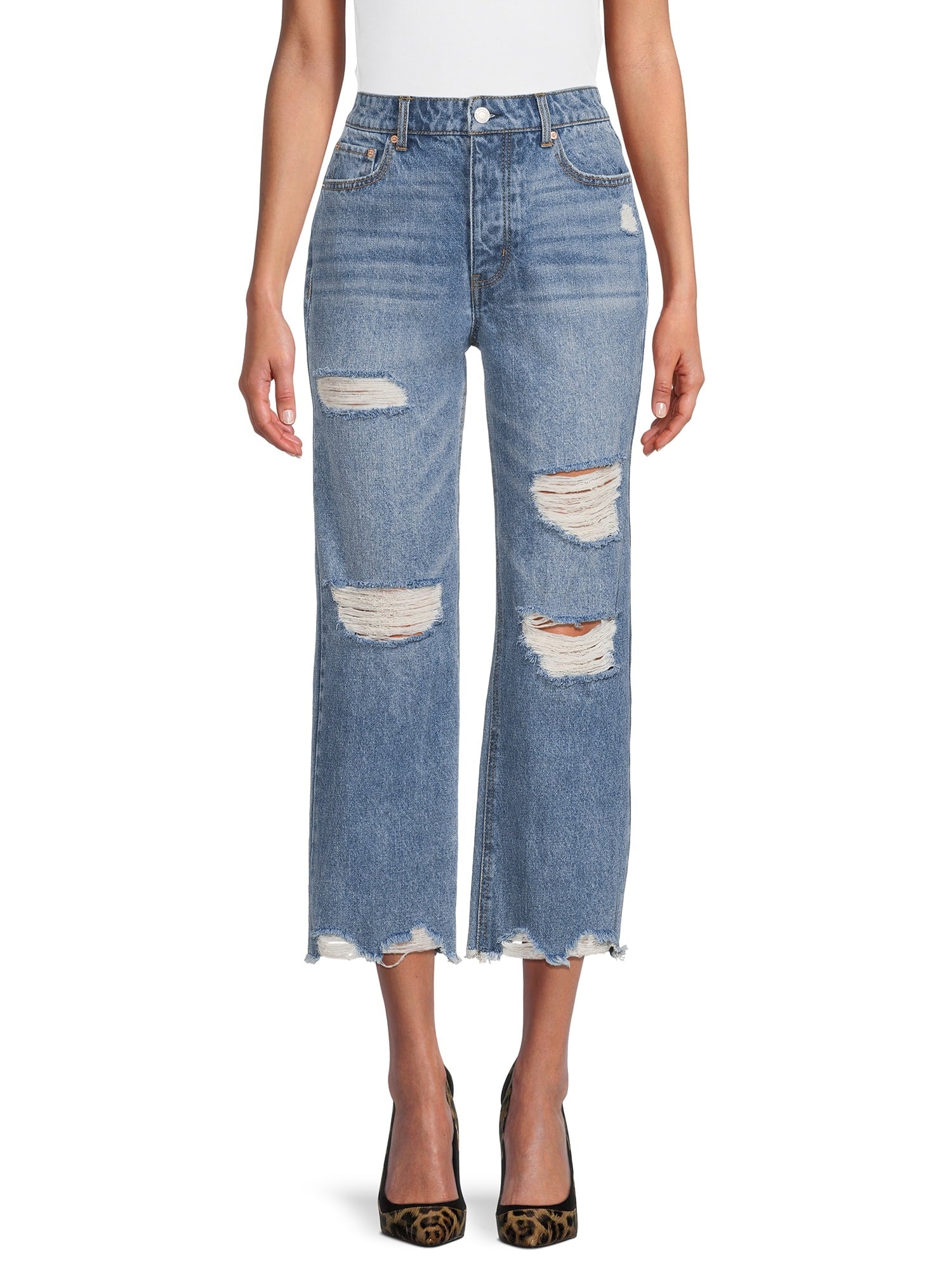 Juniors' Destructed Cotton Straight-Leg Denim Jeans