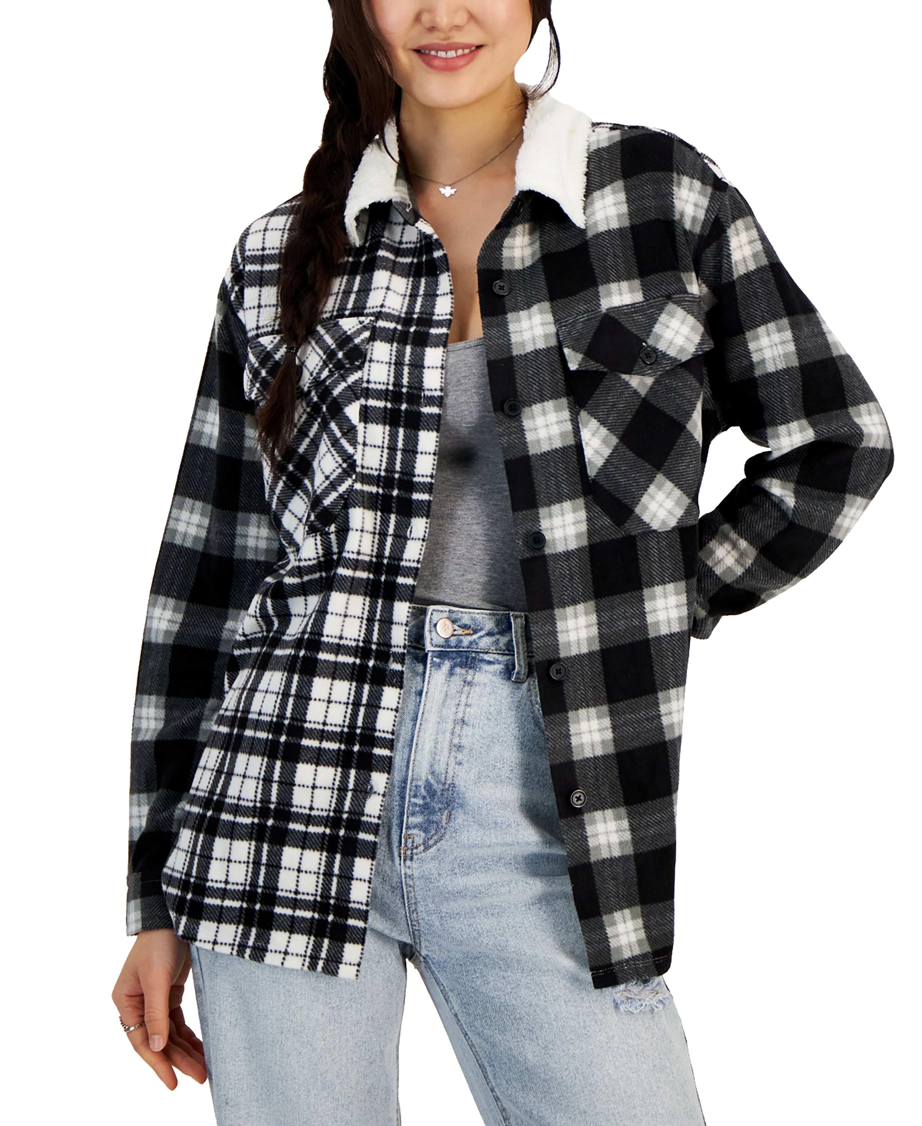 Juniors' Plaid Polar Fleece Sherpa-Collar Shacket