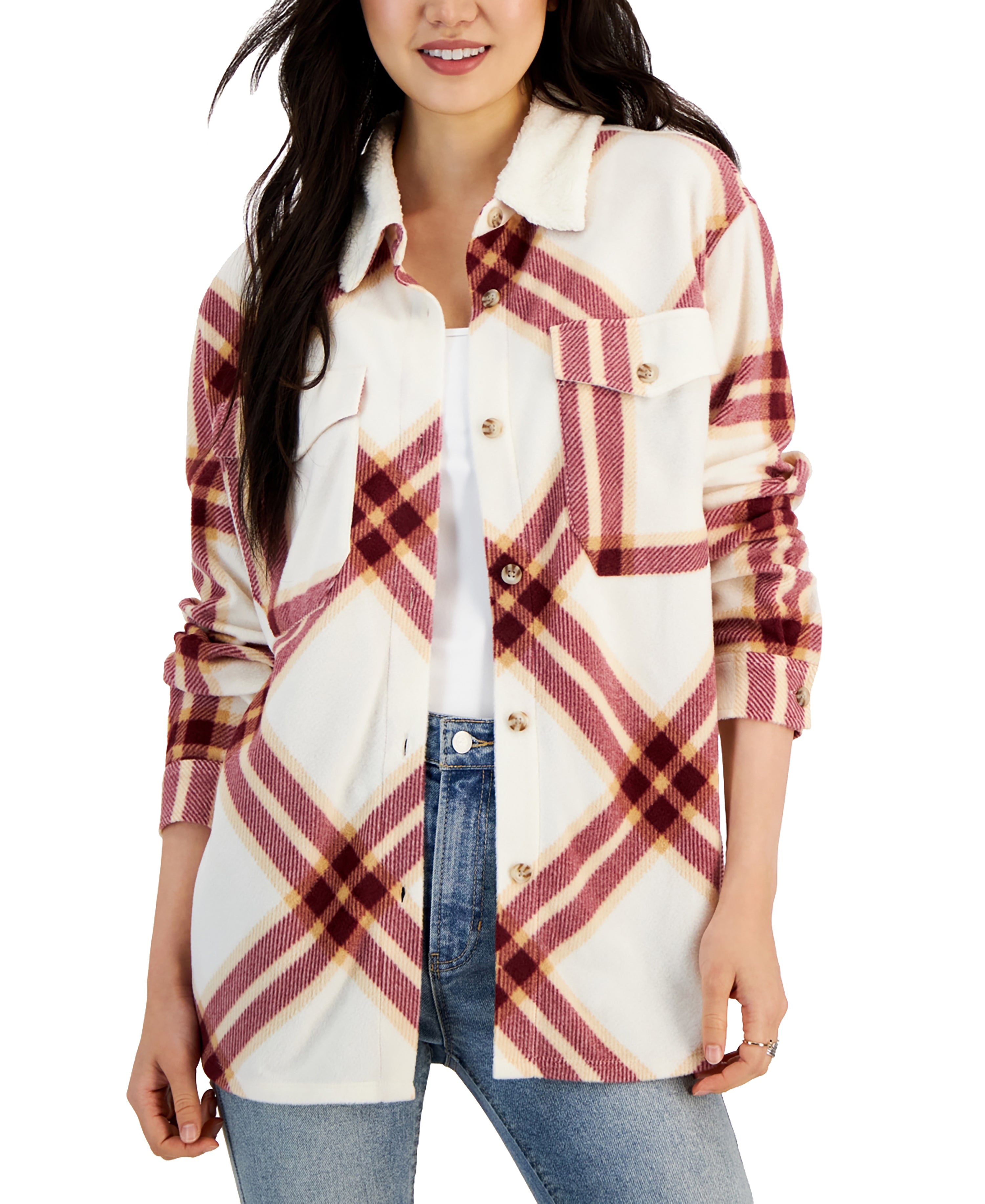 Juniors' Plaid Polar Fleece Sherpa-Collar Shacket