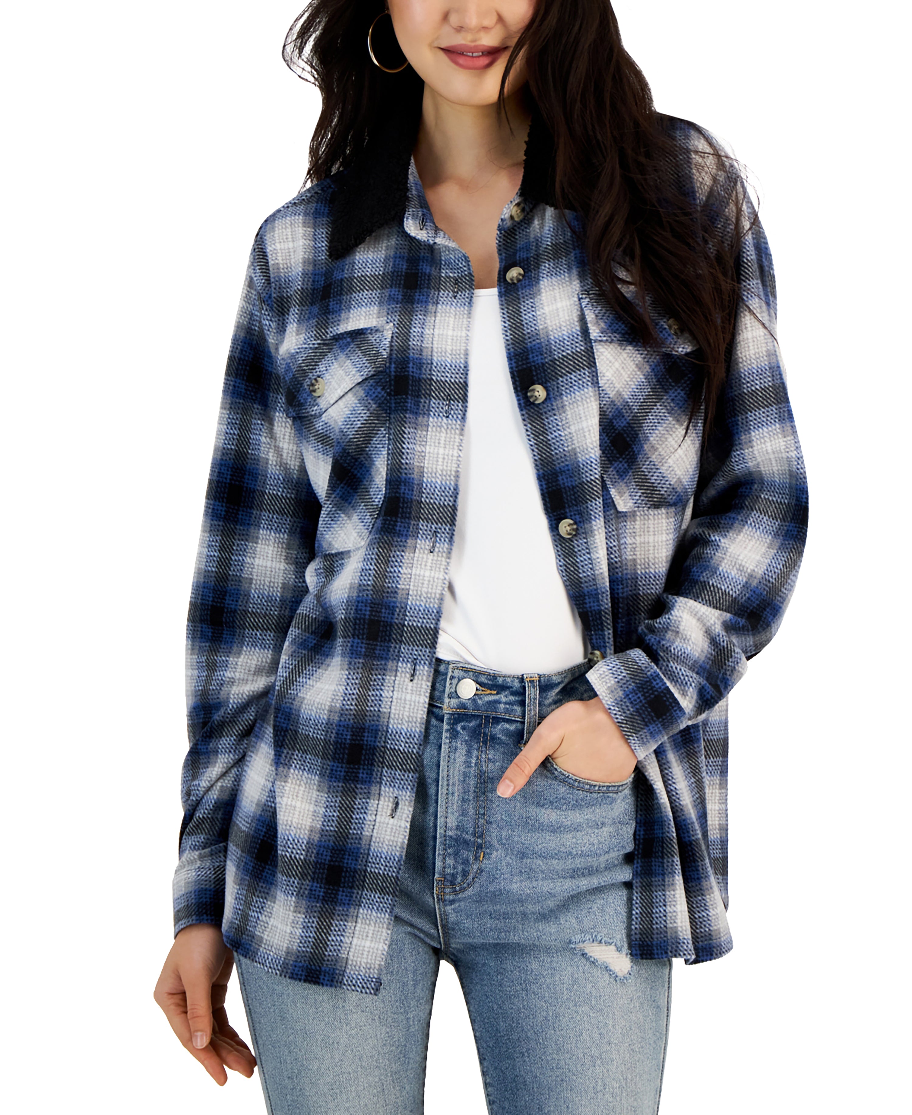 Juniors' Plaid Polar Fleece Sherpa-Collar Shacket