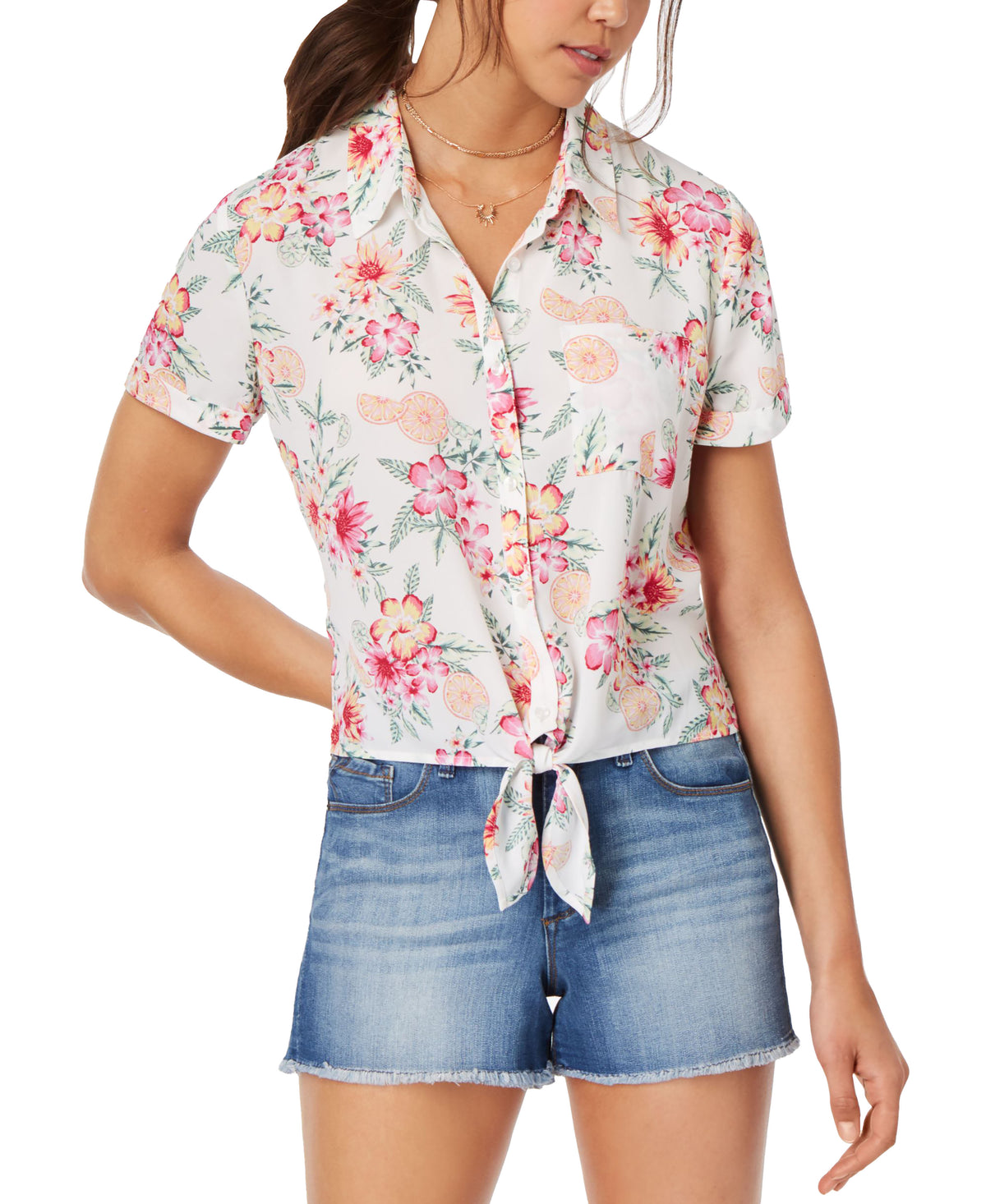 Hippie Rose Juniors Printed Tie Front Camp Shirt