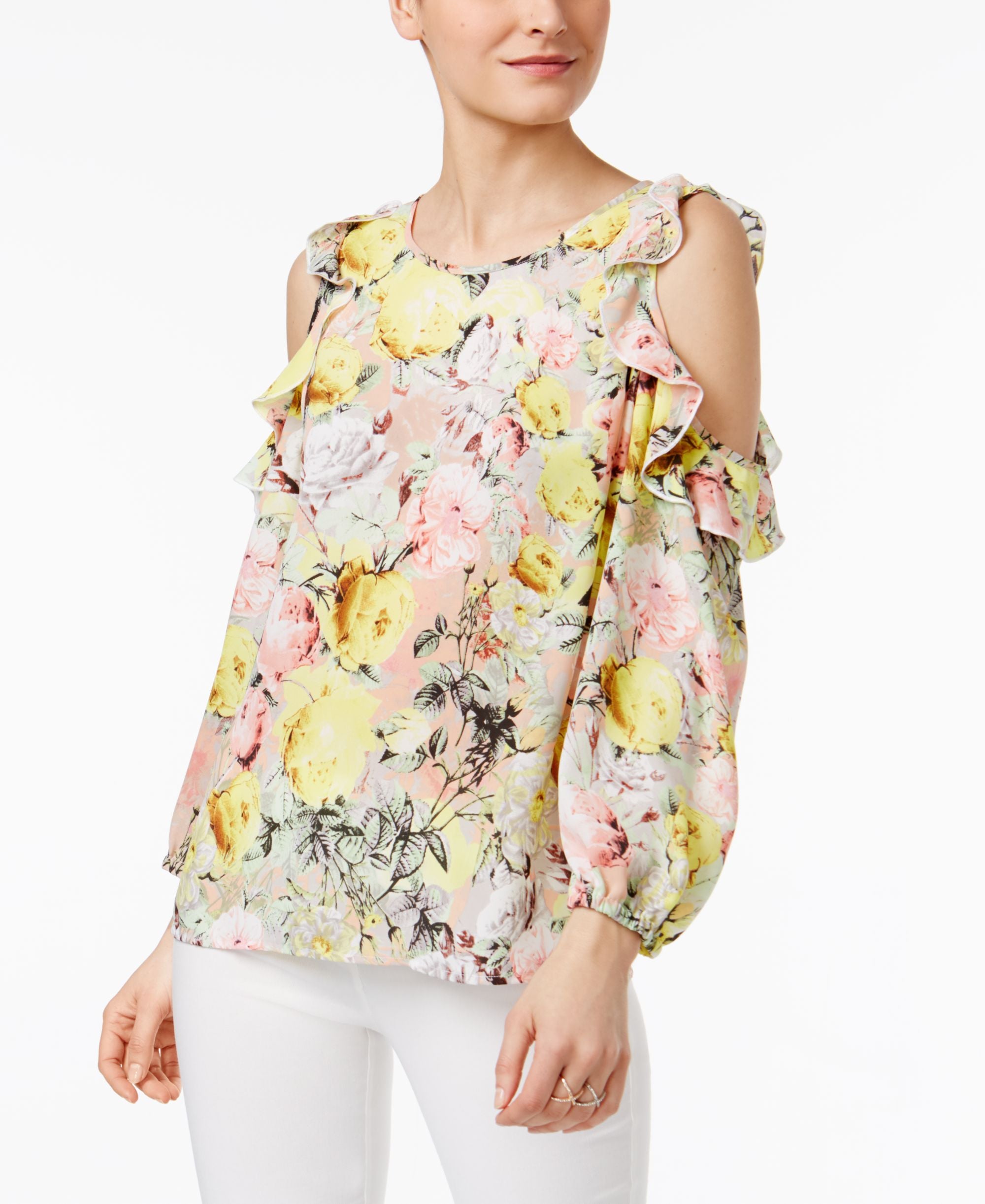 INC International Concepts Petite Floral Print Cold Shoulder Top