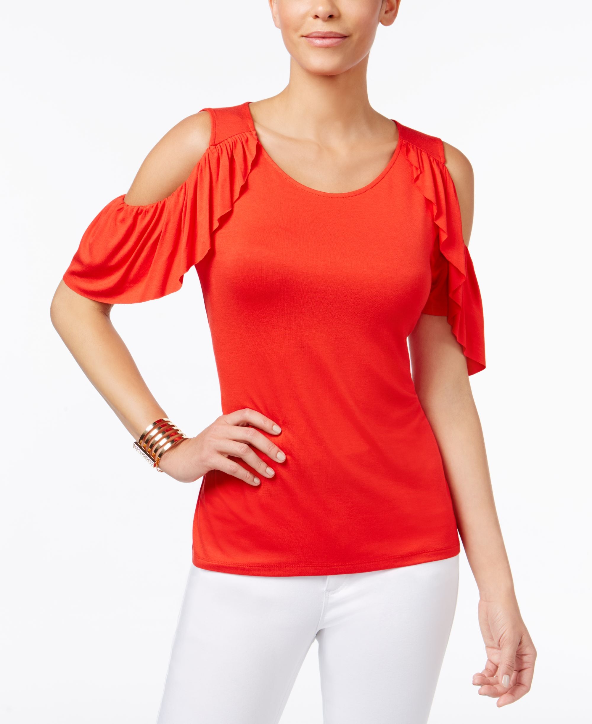 Thalia Sodi Ruffled Cold Shoulder Top