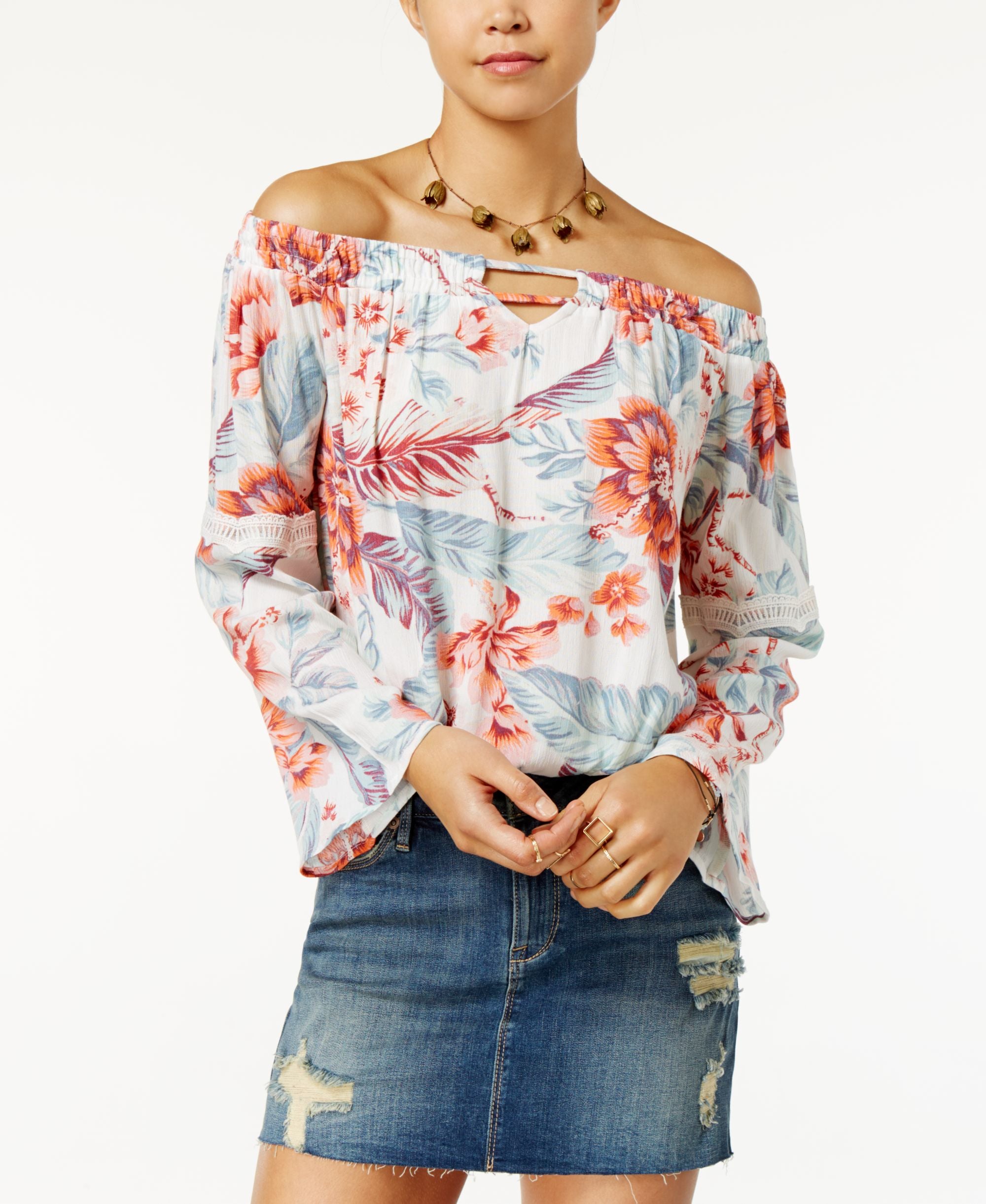 American Rag Printed Off The Shoulder Bell Sleeve Top
