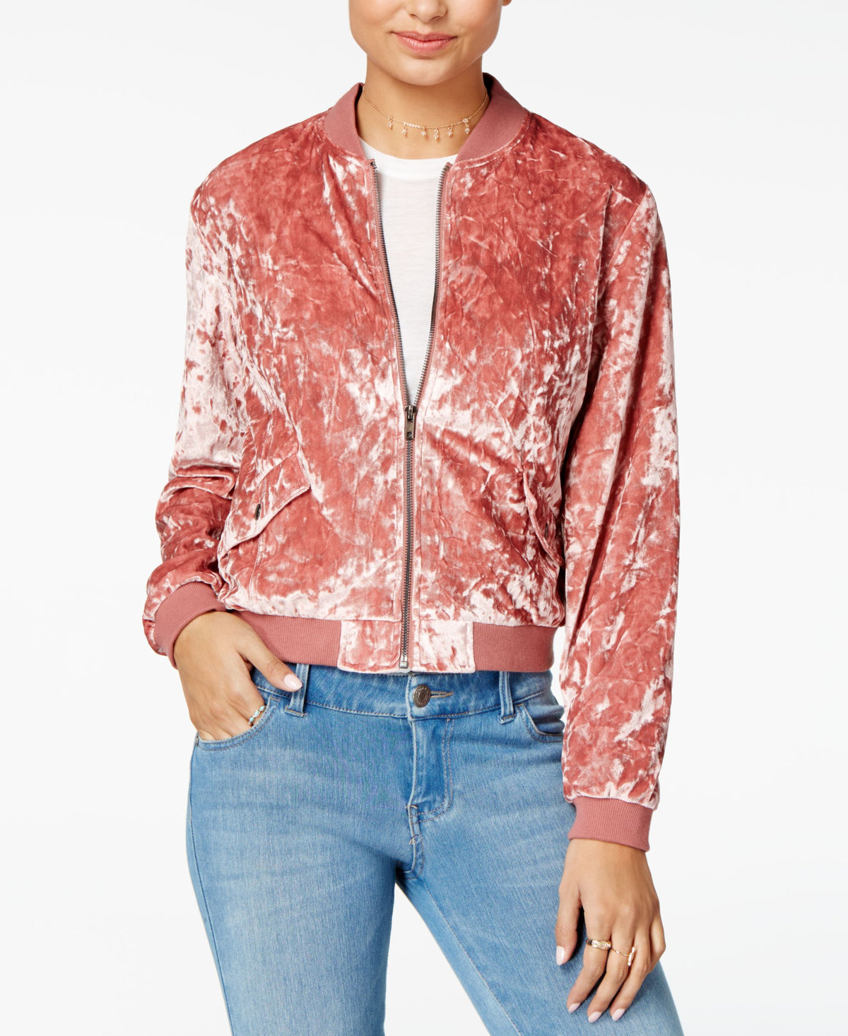 One Hart Juniors' Crushed Velvet Bomber Jacket Pale Pink XL