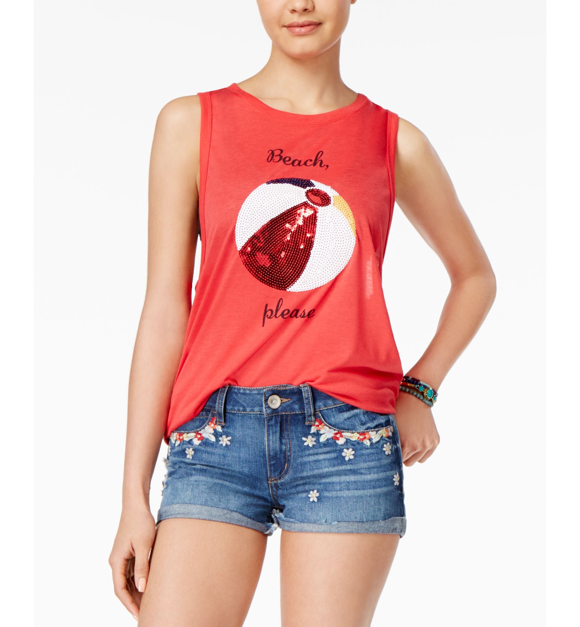 Freeze 24-7 Juniors' Sequined Beach Graphic Tank Top