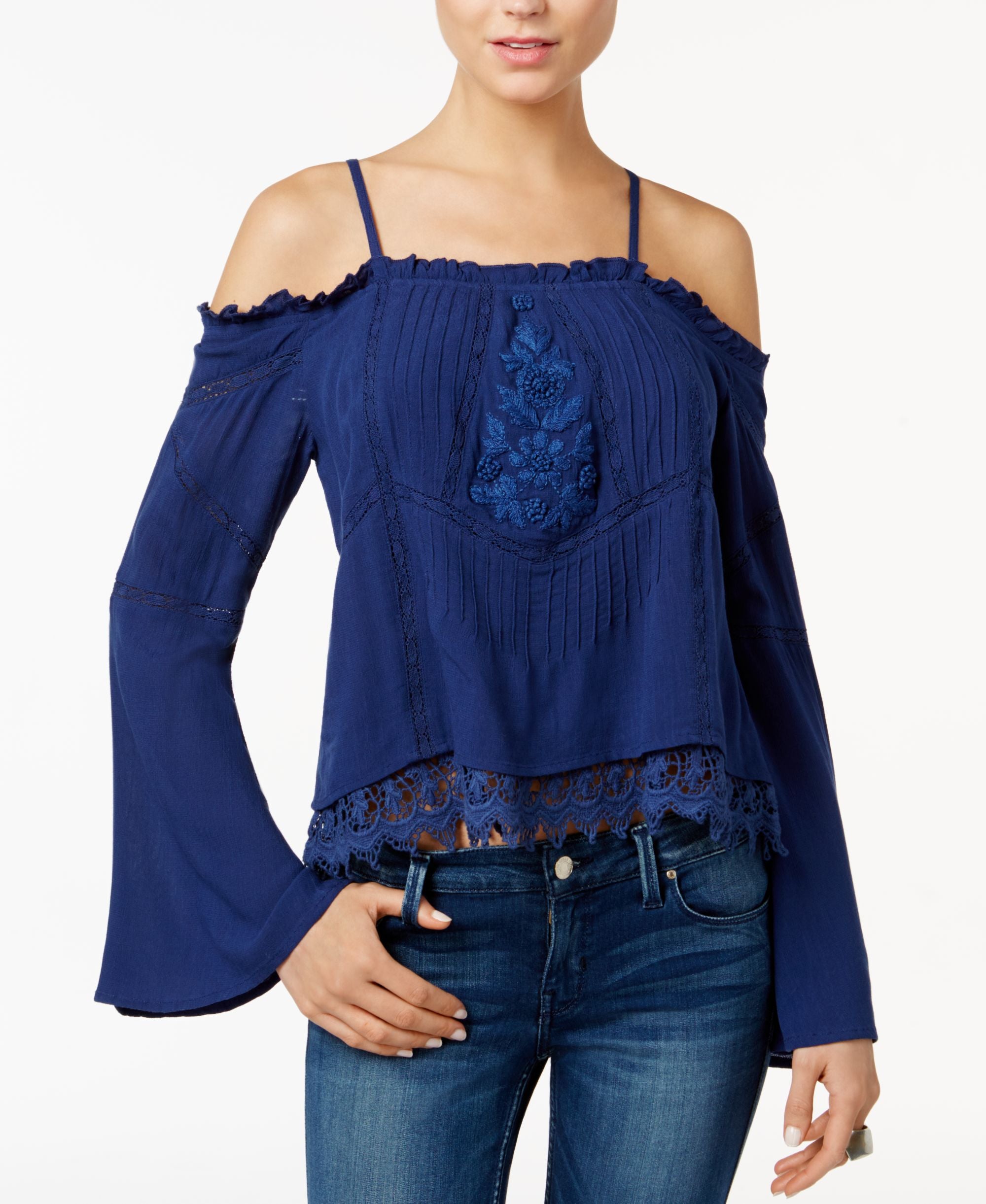 Guess Rye Embroidered Cold Shoulder Peasant Top