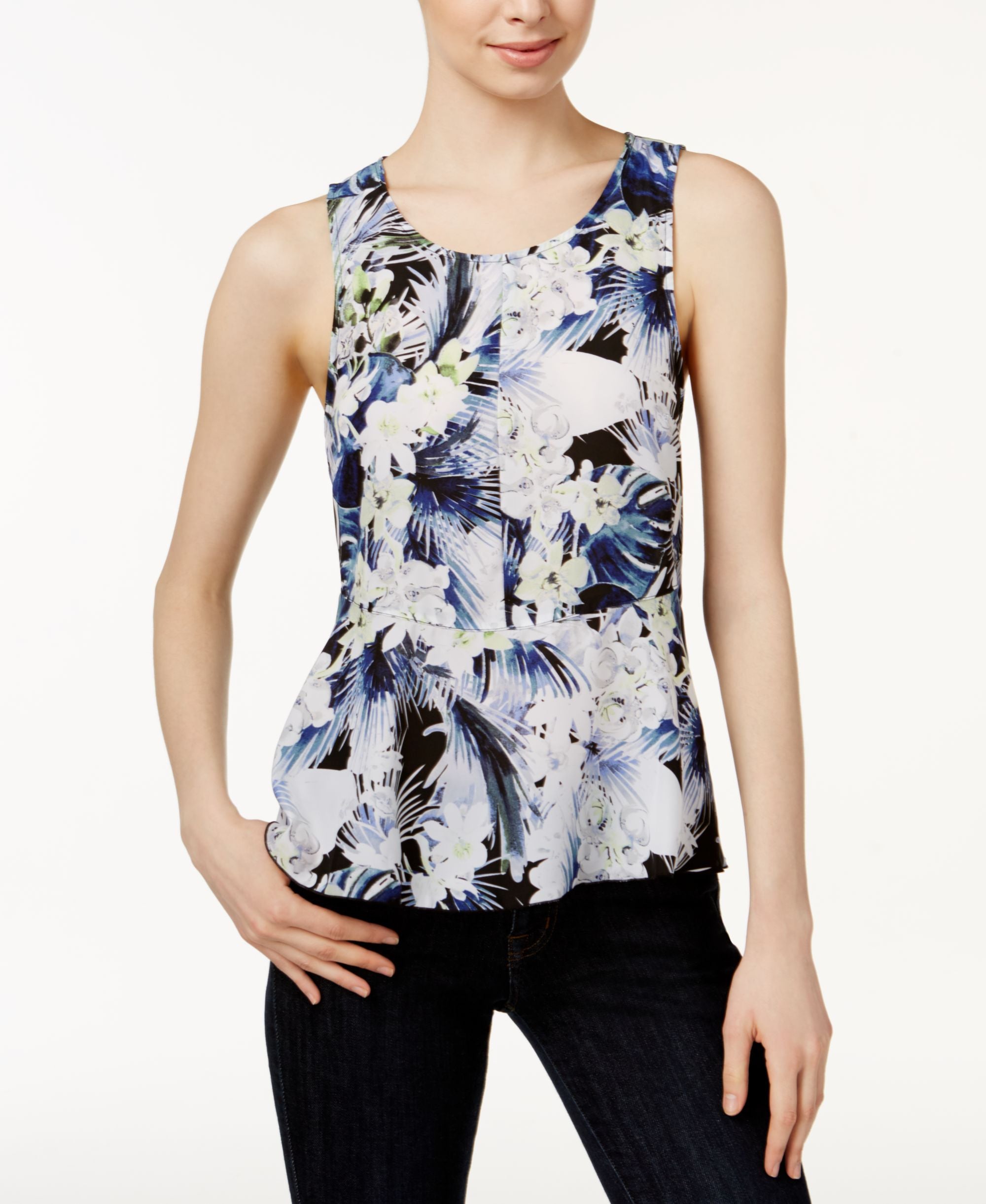 Kensie Tropical Printed Peplum Top