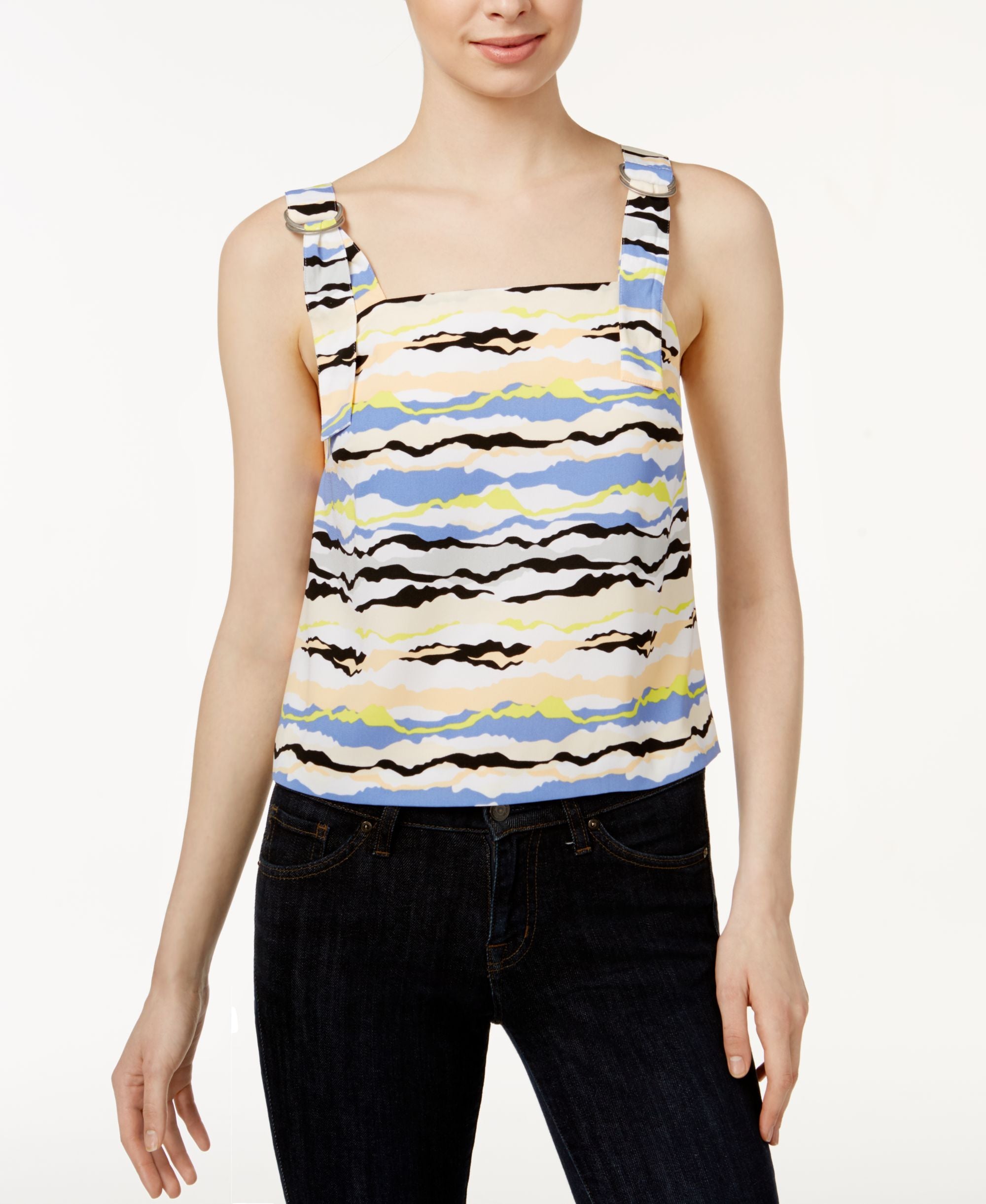 Kensie Horizon Lines Printed Buckle Top