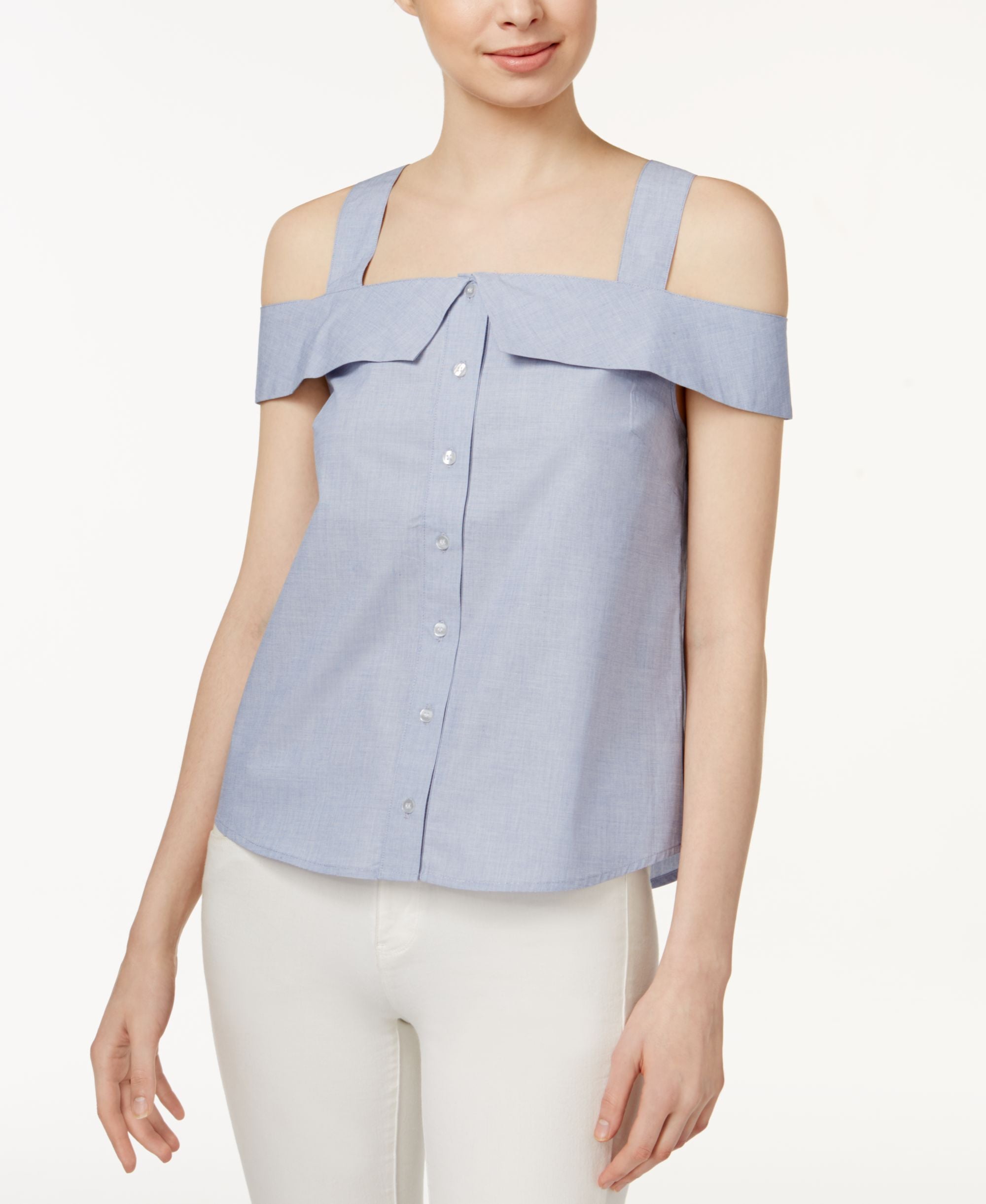 Kensie Oxford Cotton Cold Shoulder Shirt