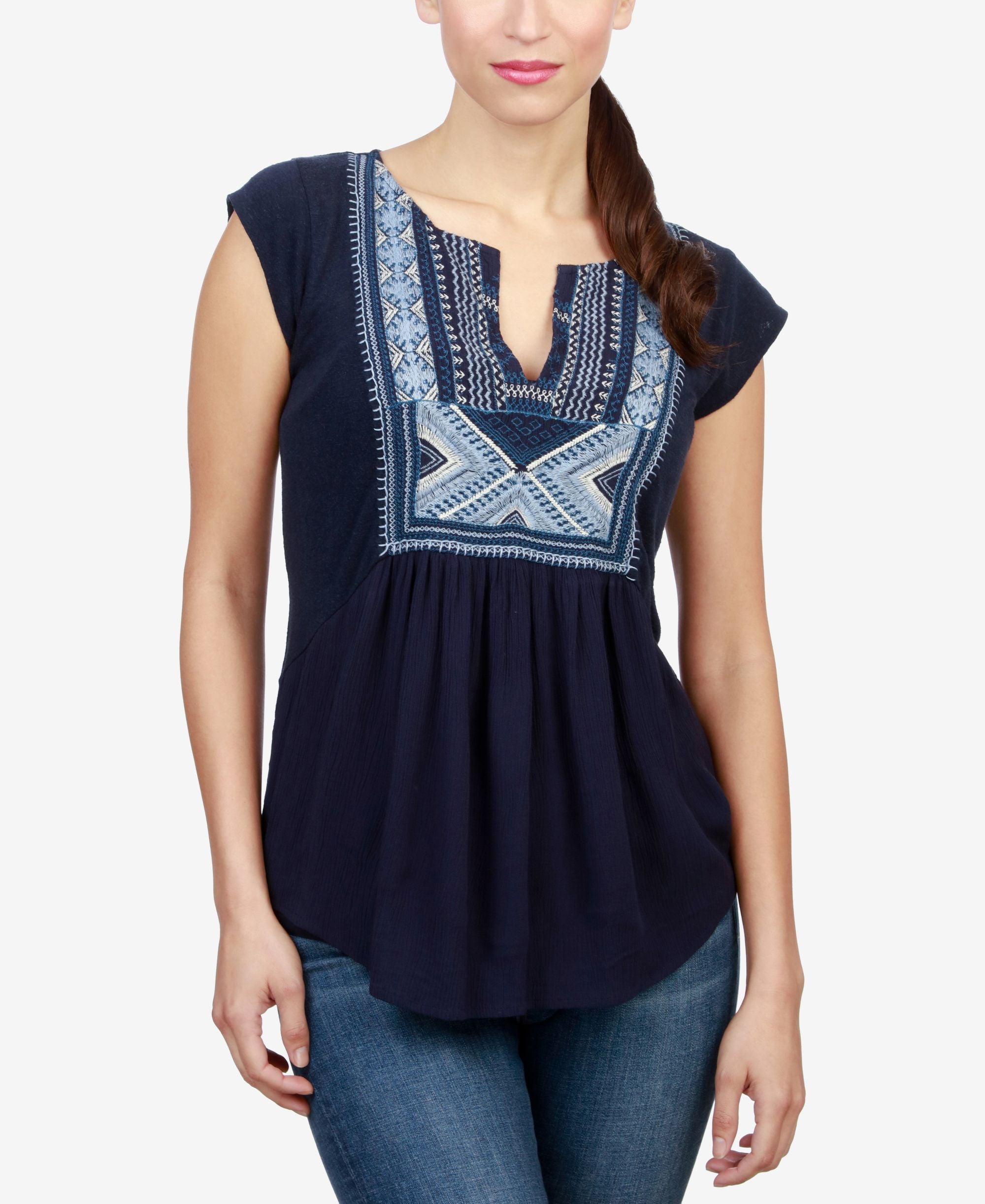 Lucky Brand Embroidered Split Neck Top