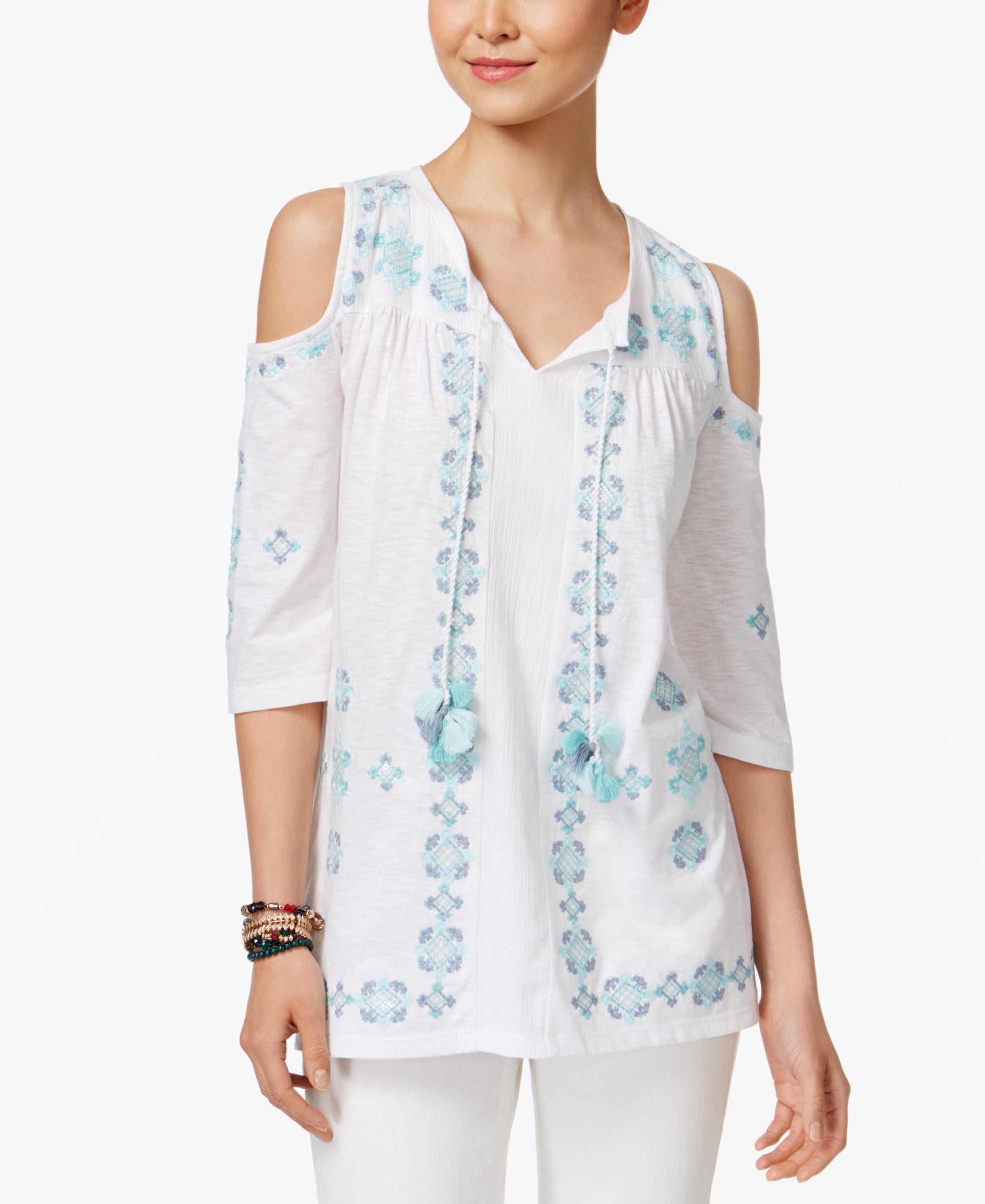 Style & Co Embroidered Cold Shoulder Top
