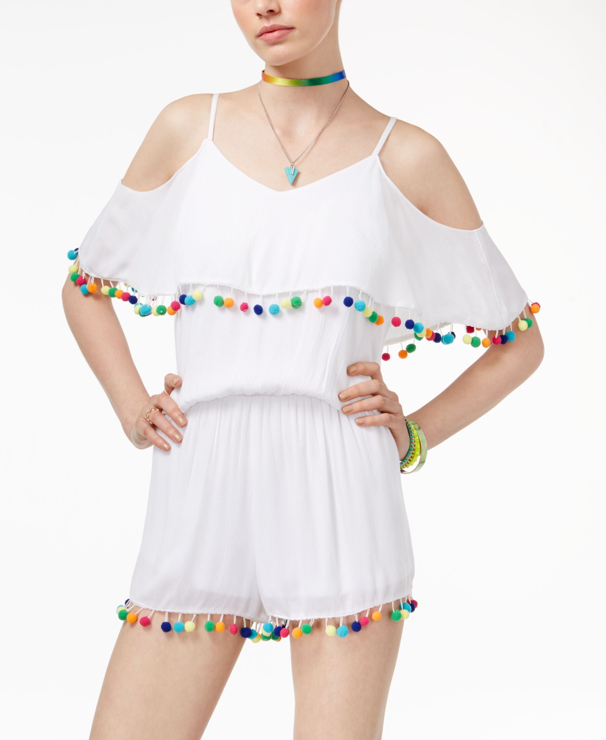 The Edit By Seventeen Juniors Cold Shoulder Pom Pom Romper