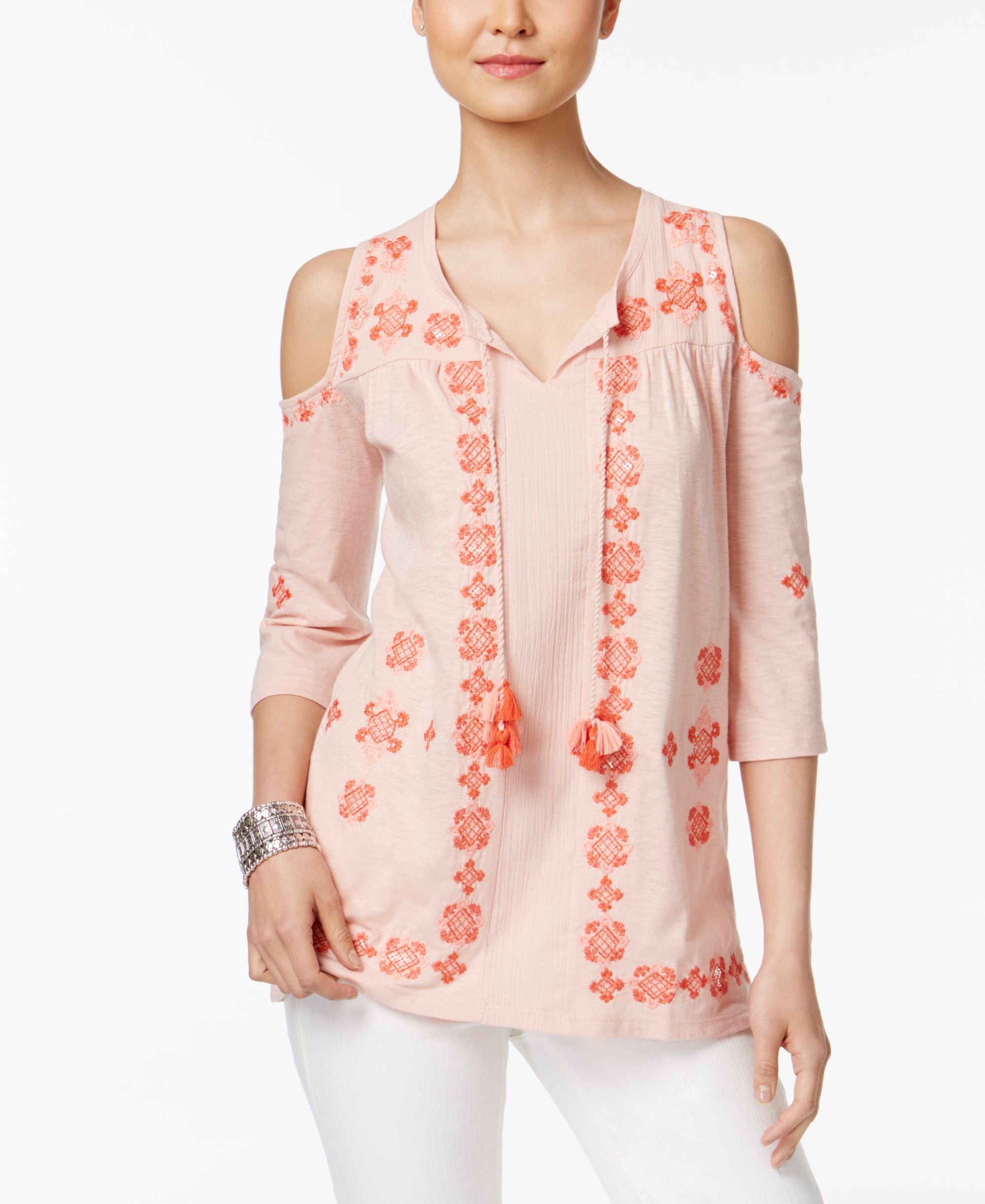 Style & Co Embroidered Cold Shoulder Top