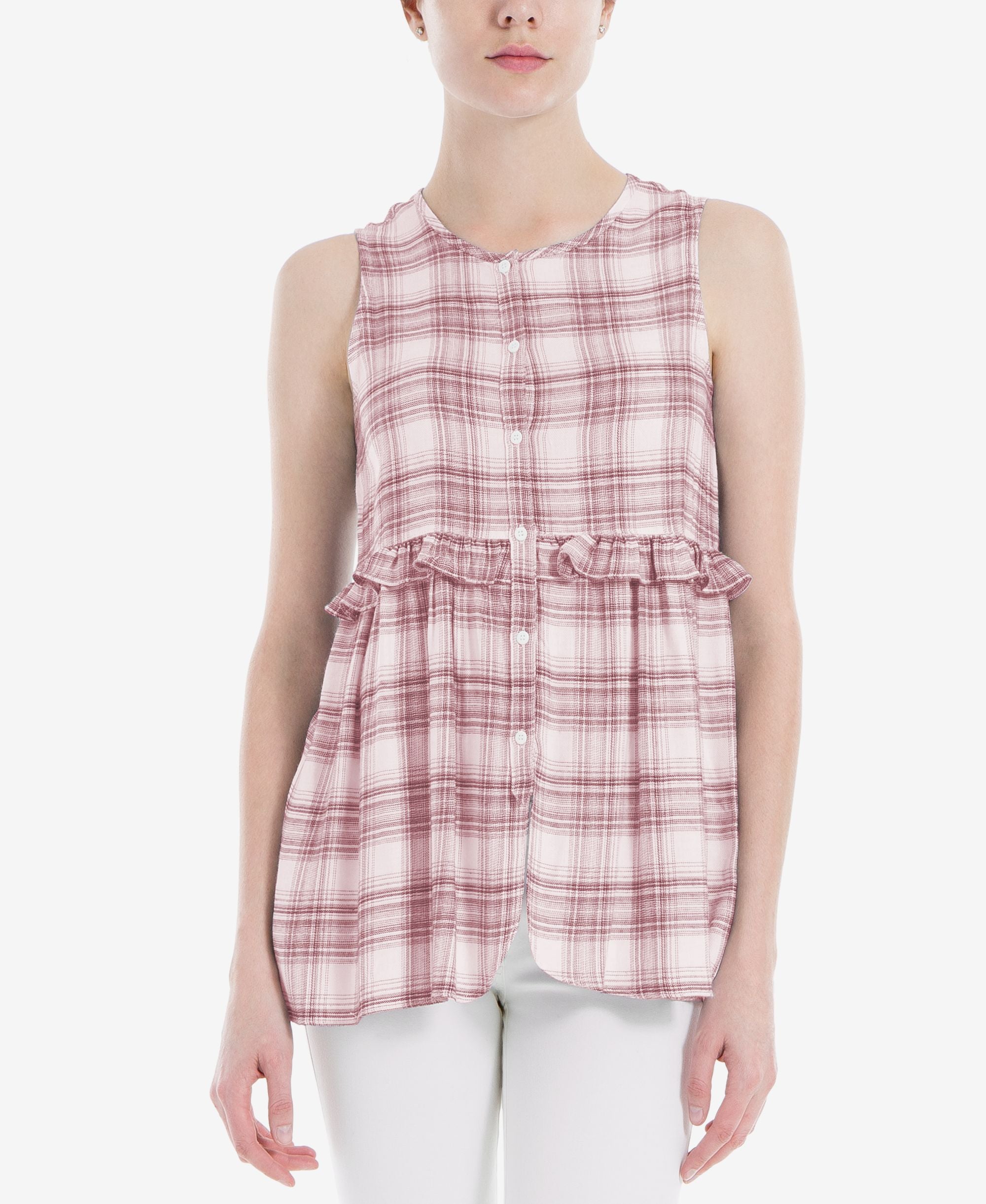 Max Studio London Ruffled Plaid Top