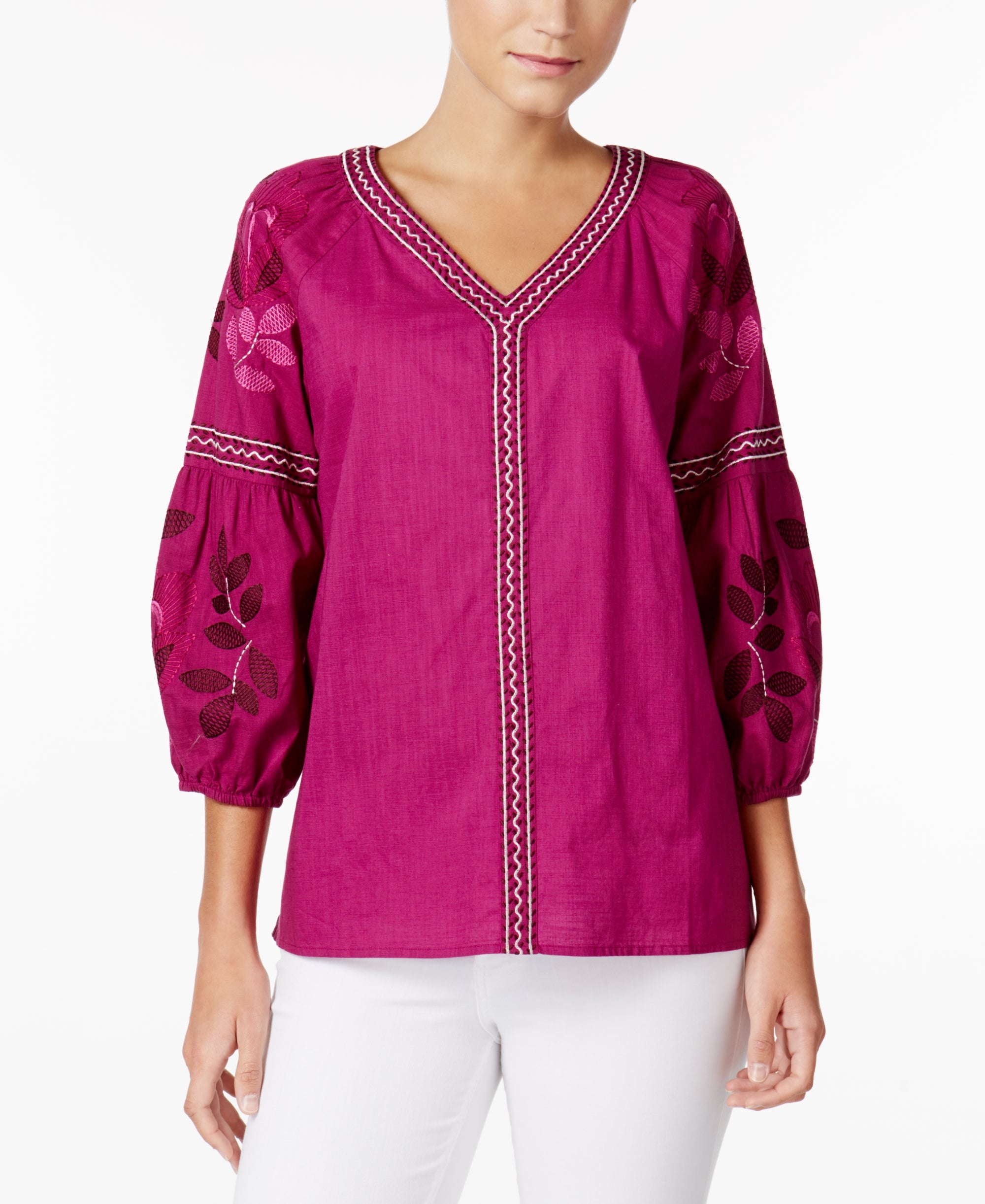 Charter Club Cotton Embroidered Bubble-Sleeve Top