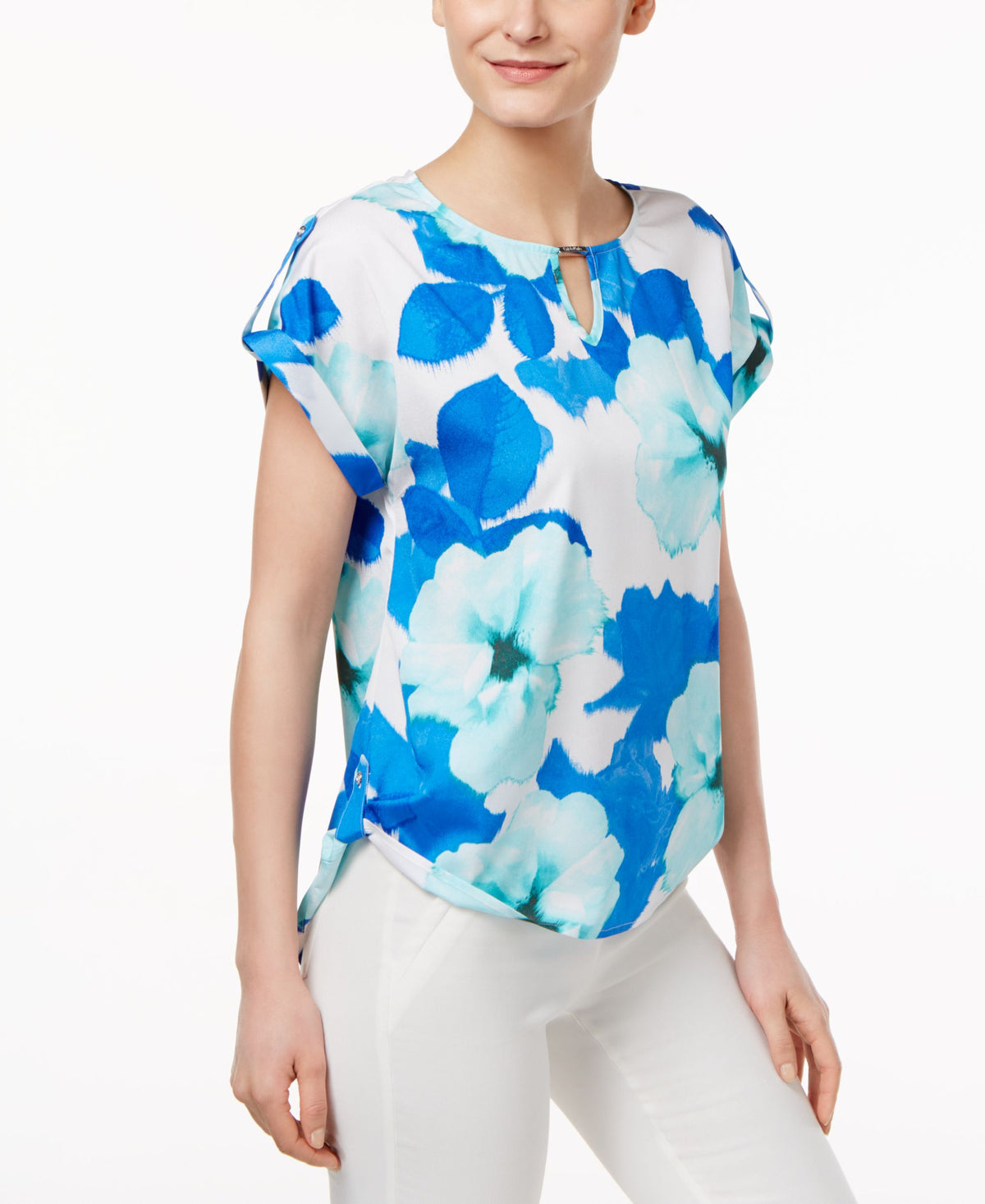 Calvin Klein Womens  Floral Short Sleeve Jewel Neck Top Blue S