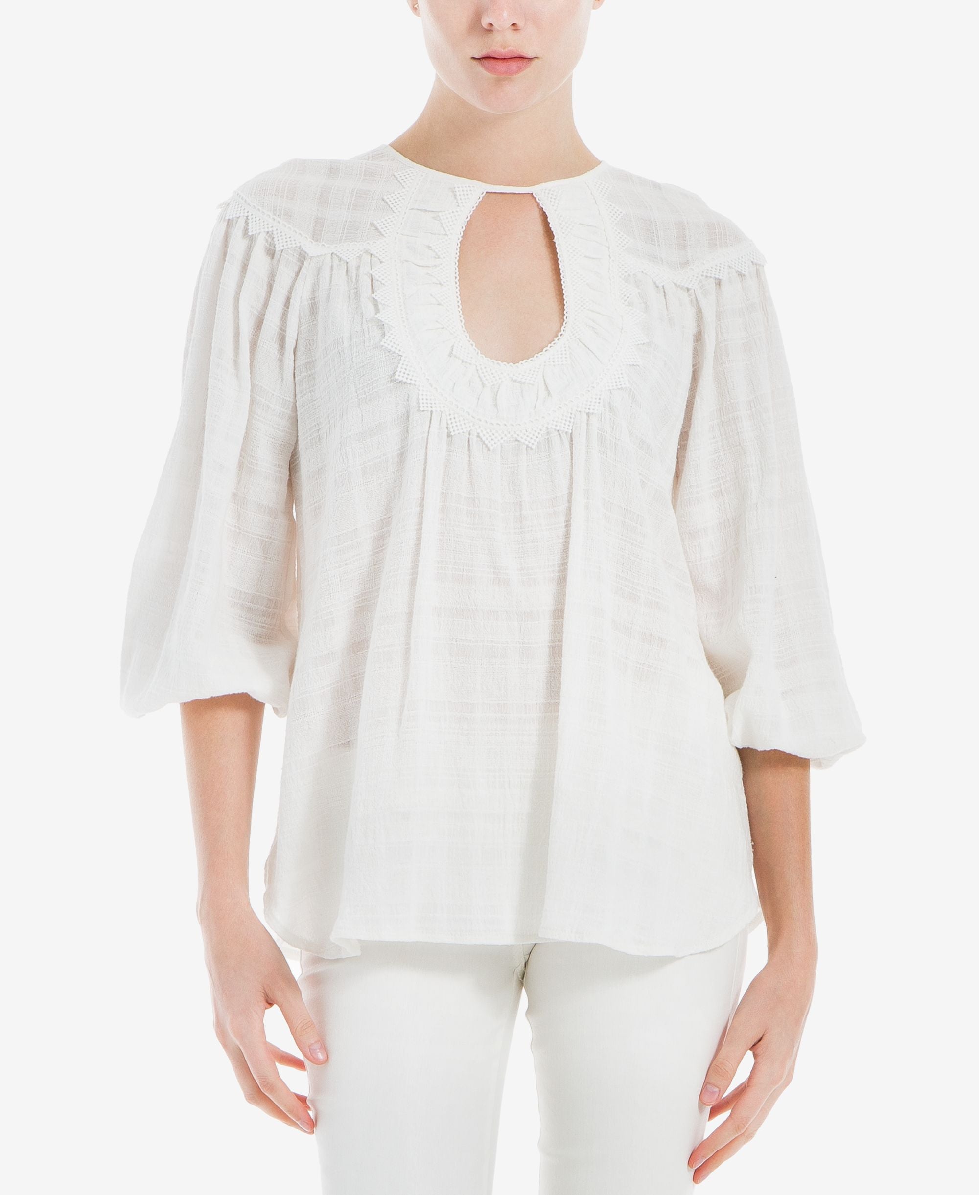 Max Studio London Cotton Textured Crochet Trim Blouse