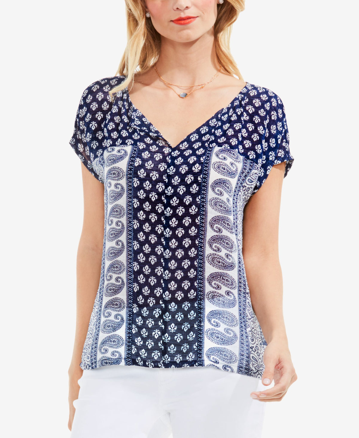Two by Vince Camuto Paisley Border Print Blouse Indigo Tile XL