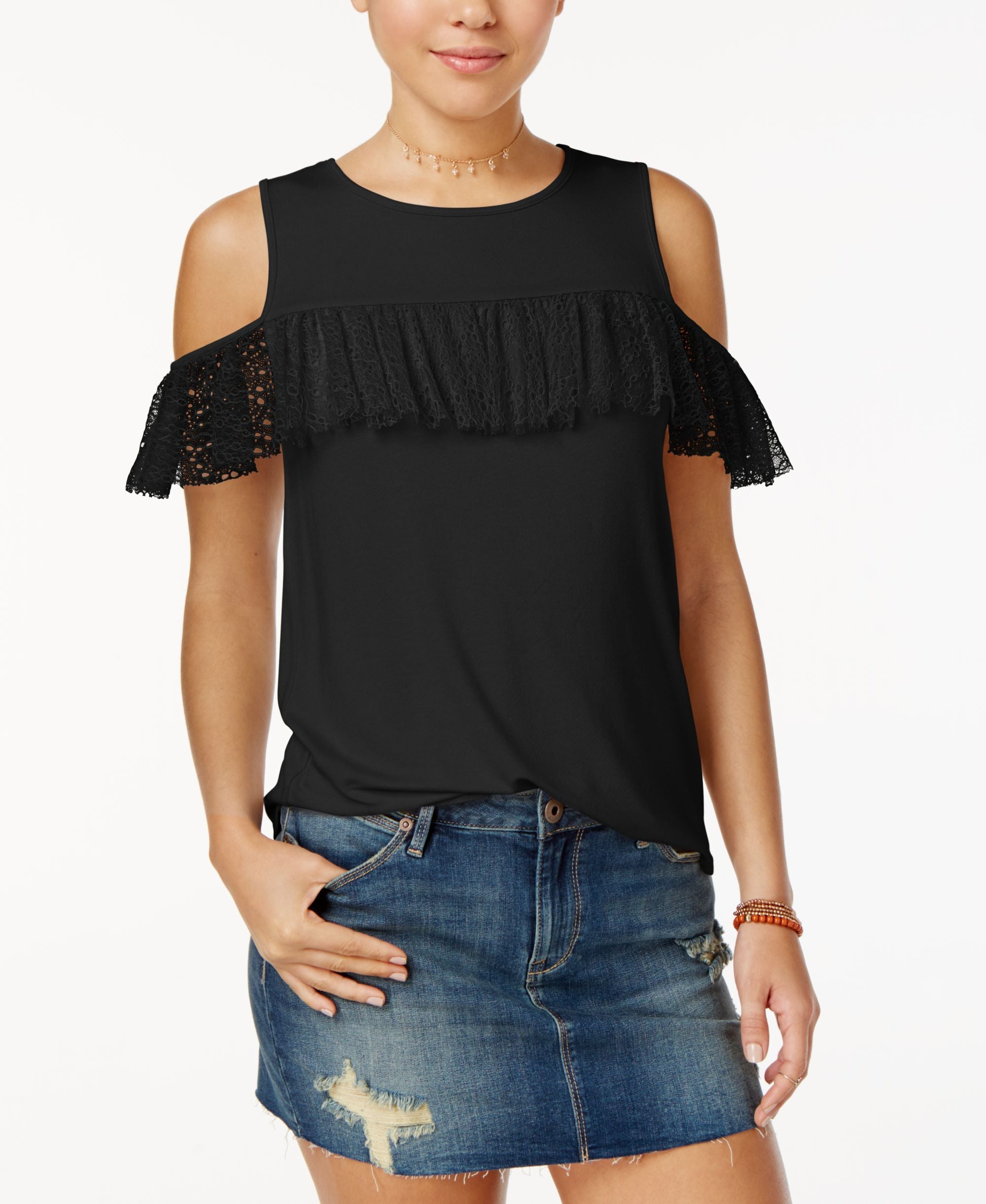 Gypsies Moondust Juniors Ruffle Trim Cold Shoulder Top